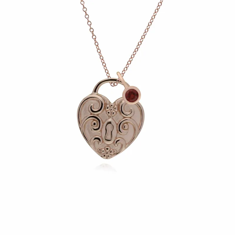 Classic Swirl Heart Lock Pendant & Garnet Charm in Rose Gold Plated 925 Sterling Silver sold by Gemondo Jewellery