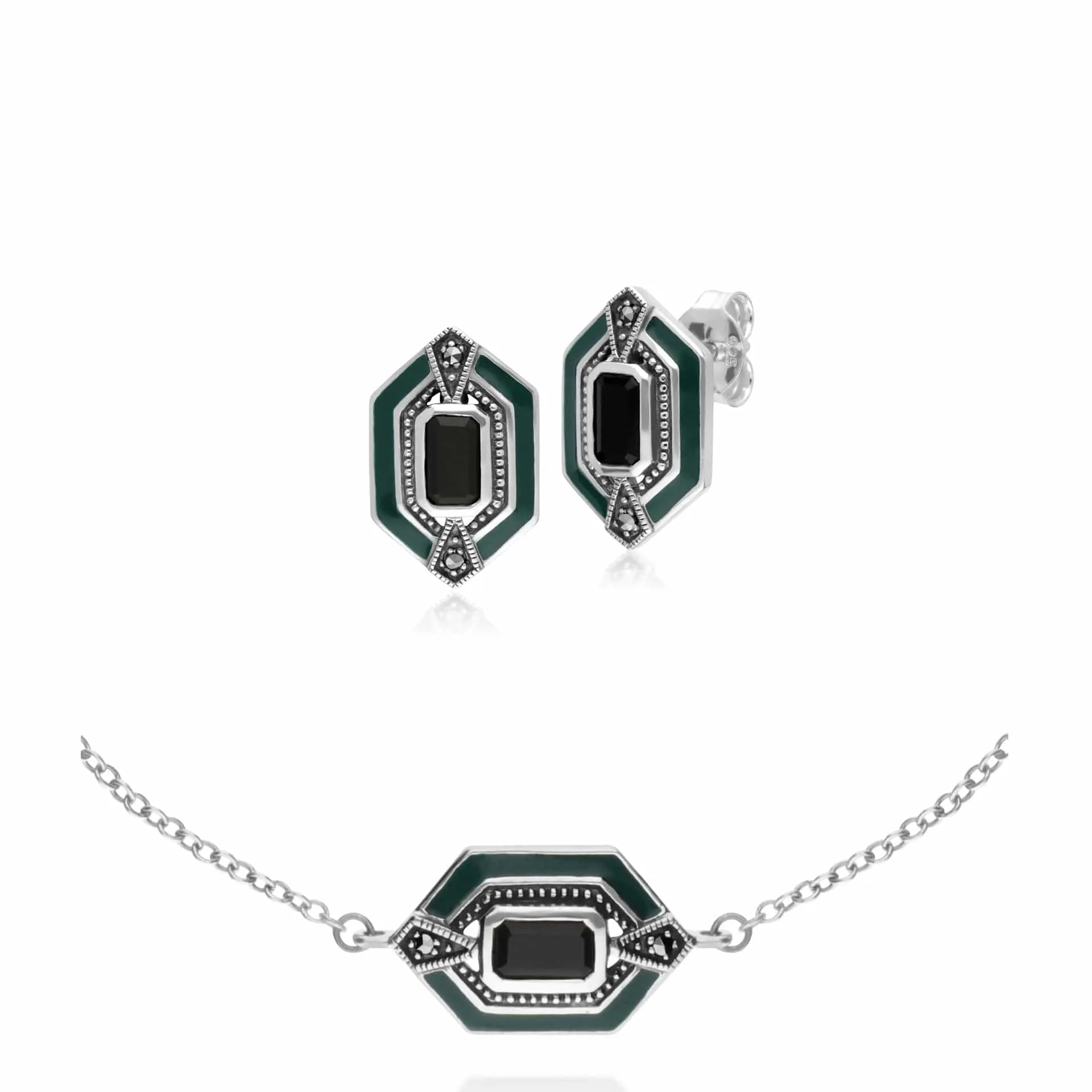Art Deco Style Black Onyx, Marcasite & Green Enamel Hexagon Stud Earrings & Bracelet Set in 925 Sterling Silver sold by Gemondo Jewellery