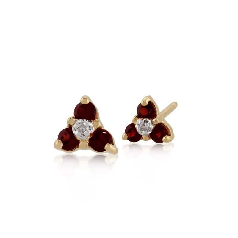 Floral Round Garnet & Diamond Cluster Stud Earrings in 9ct Yellow Gold sold by Gemondo Jewellery