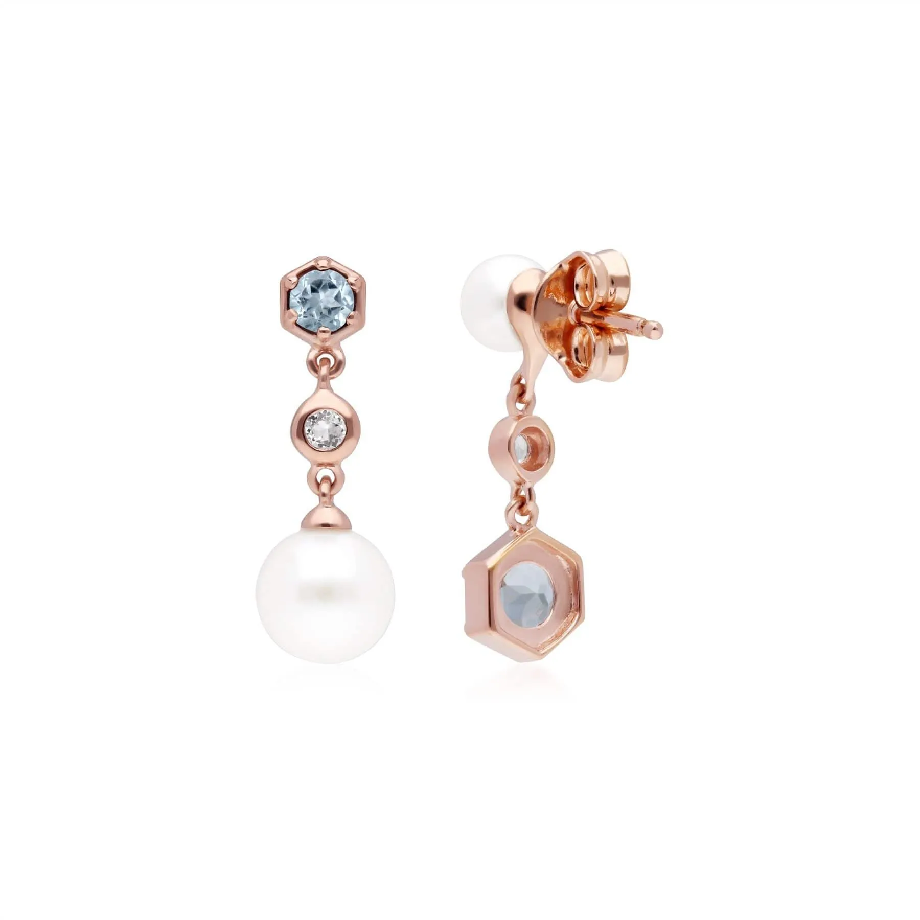 Modern Pearl, Aquamarine & Topaz Mismatched Drop Earrings in Rose Gold Plated Silver sold by Gemondo Jewellery product image thumbnail 2