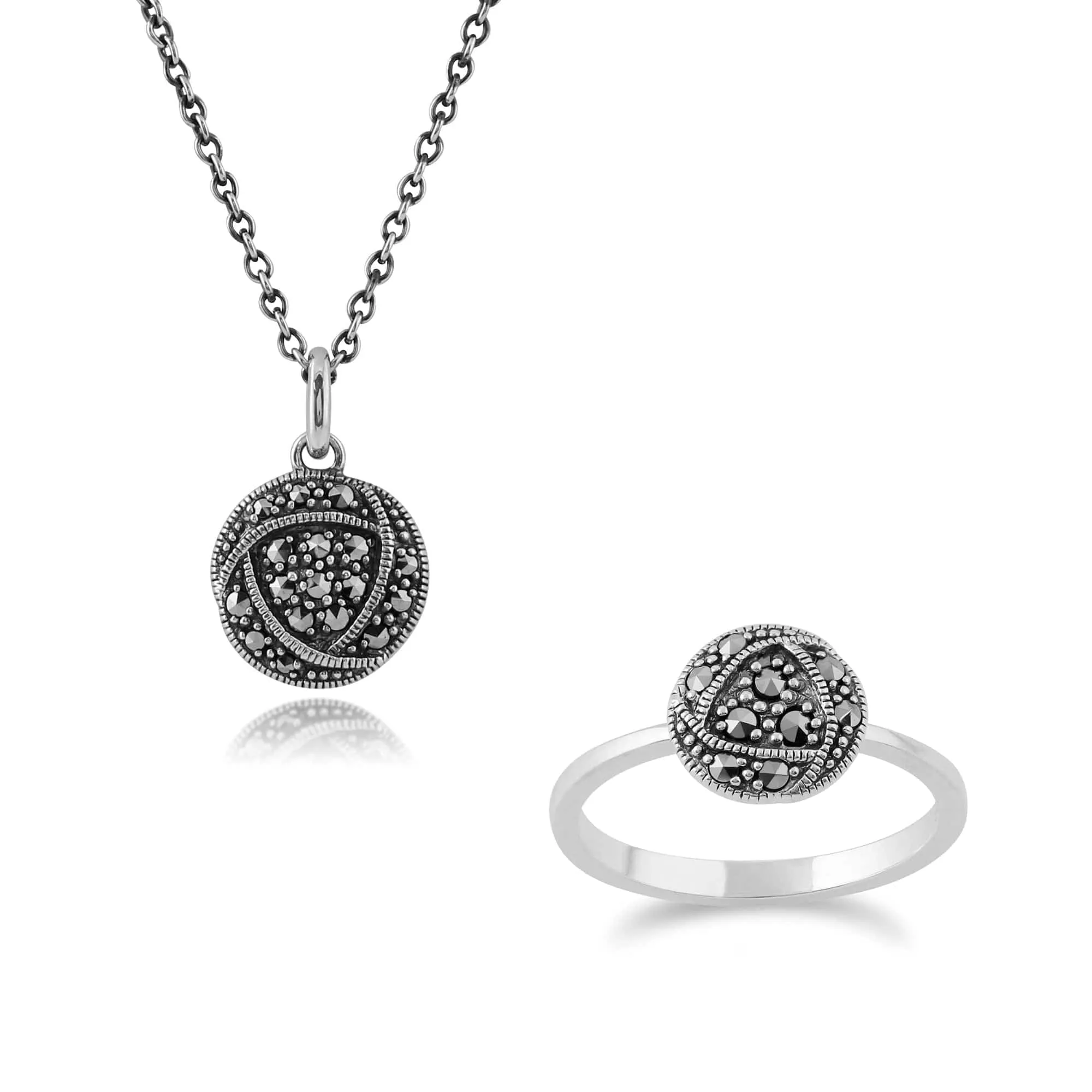 Rennie Mackintosh Inspired Round Marcasite Glasgow Rose Locket Pendant & Ring Set in 925 Sterling Silver sold by Gemondo Jewellery
