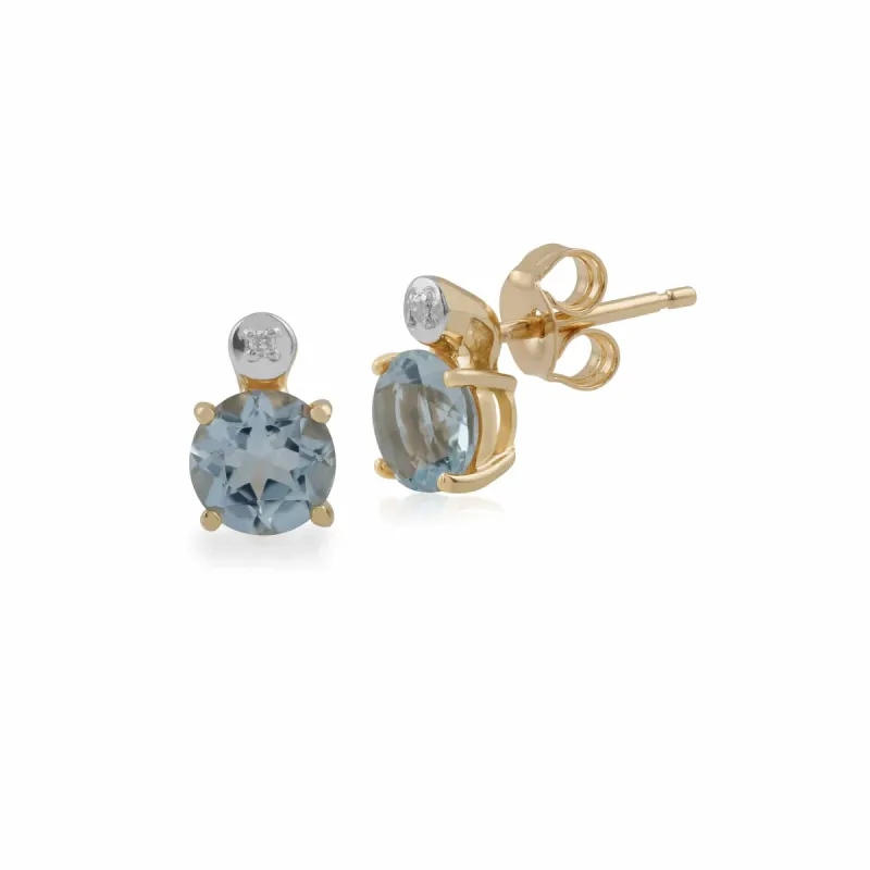 Classic Round Aquamarine & Diamond Stud Earrings in 9ct Yellow Gold sold by Gemondo Jewellery