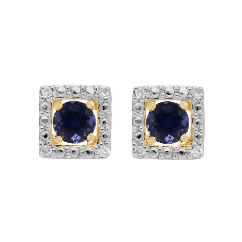 Classic Round Iolite Stud Earrings with Detachable Diamond Square Earrings Jacket Set in 9ct Yellow Gold sold by Gemondo Jewellery