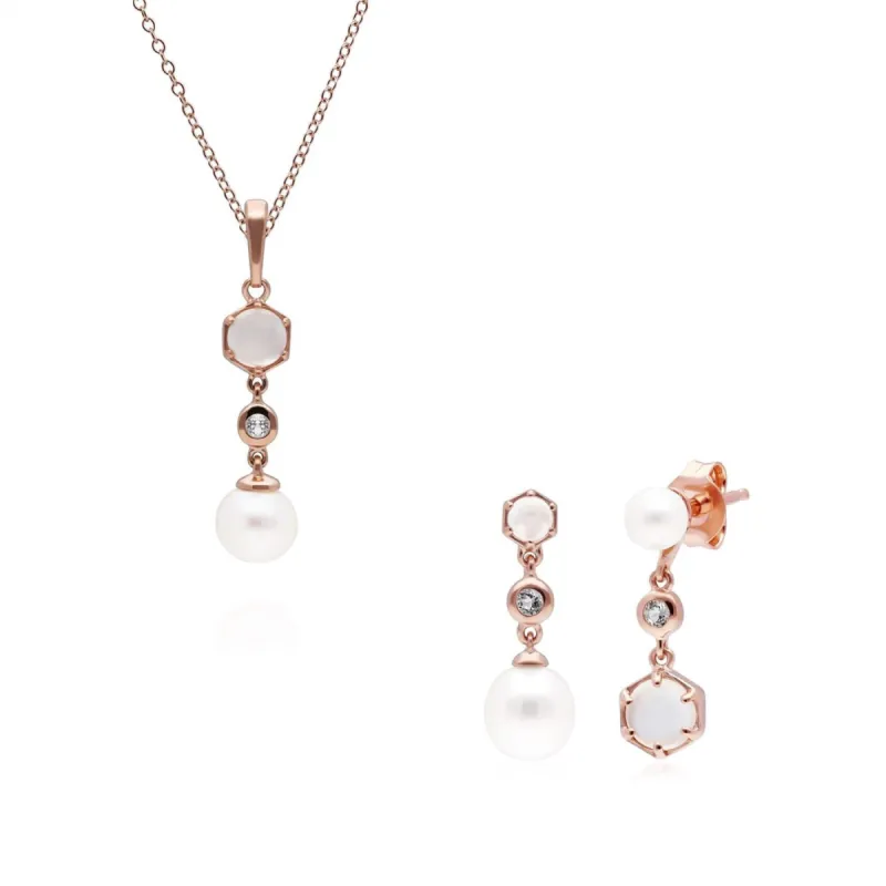 Modern Pearl, Moonstone & Topaz Pendant & Drop Earring Set in Rose Gold Plated Silver sold by Gemondo Jewellery