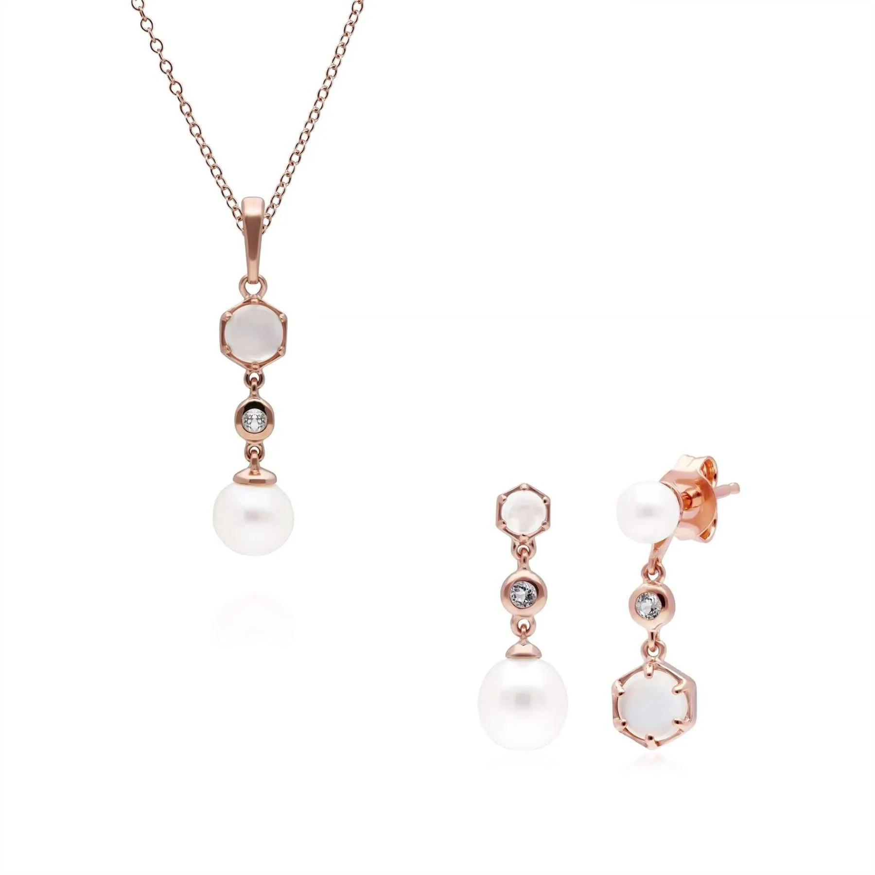 Modern Pearl, Moonstone & Topaz Pendant & Drop Earring Set in Rose Gold Plated Silver sold by Gemondo Jewellery
