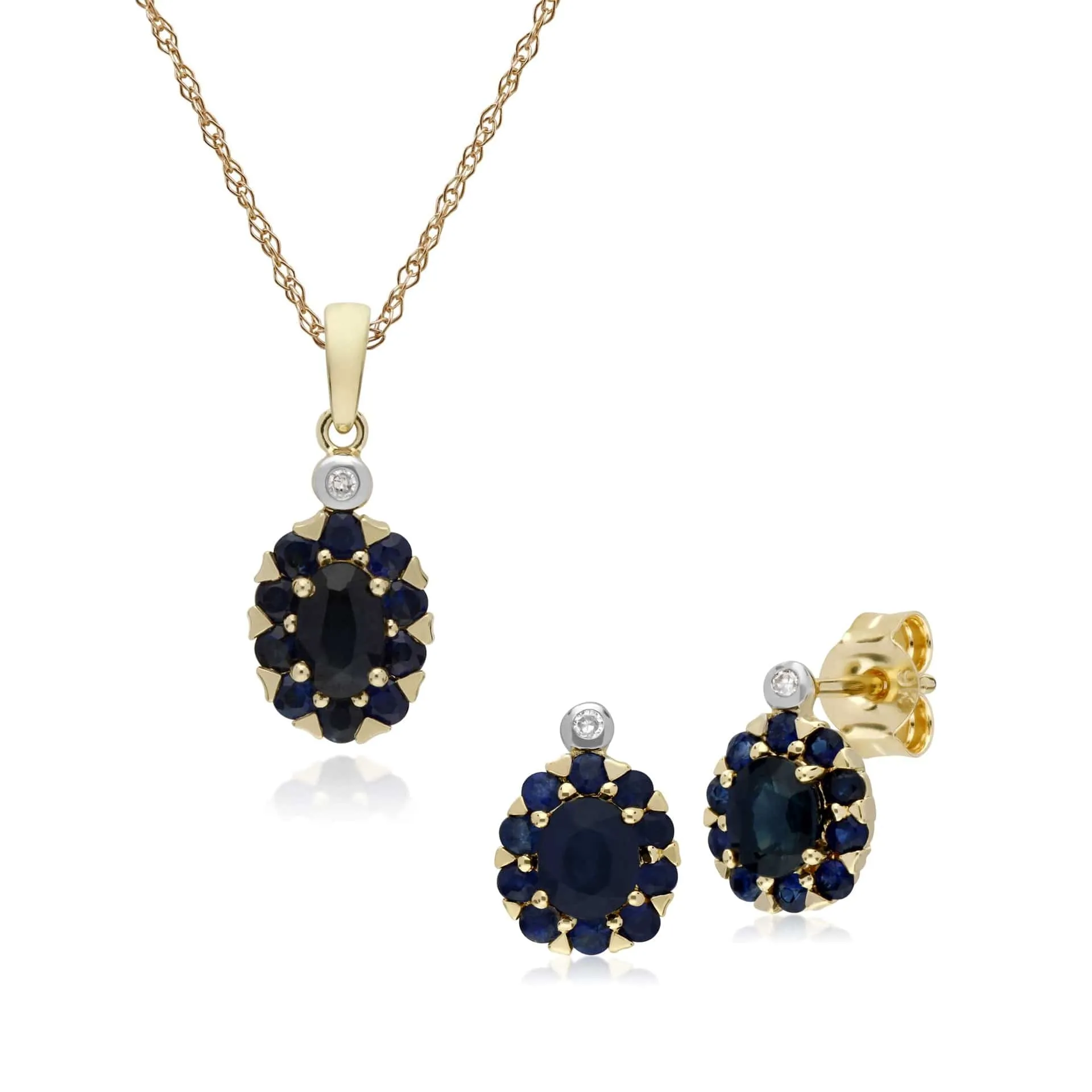 Classic Oval Sapphire & Diamond Cluster Stud Earrings & Pendant Set in 9ct Yellow Gold sold by Gemondo Jewellery