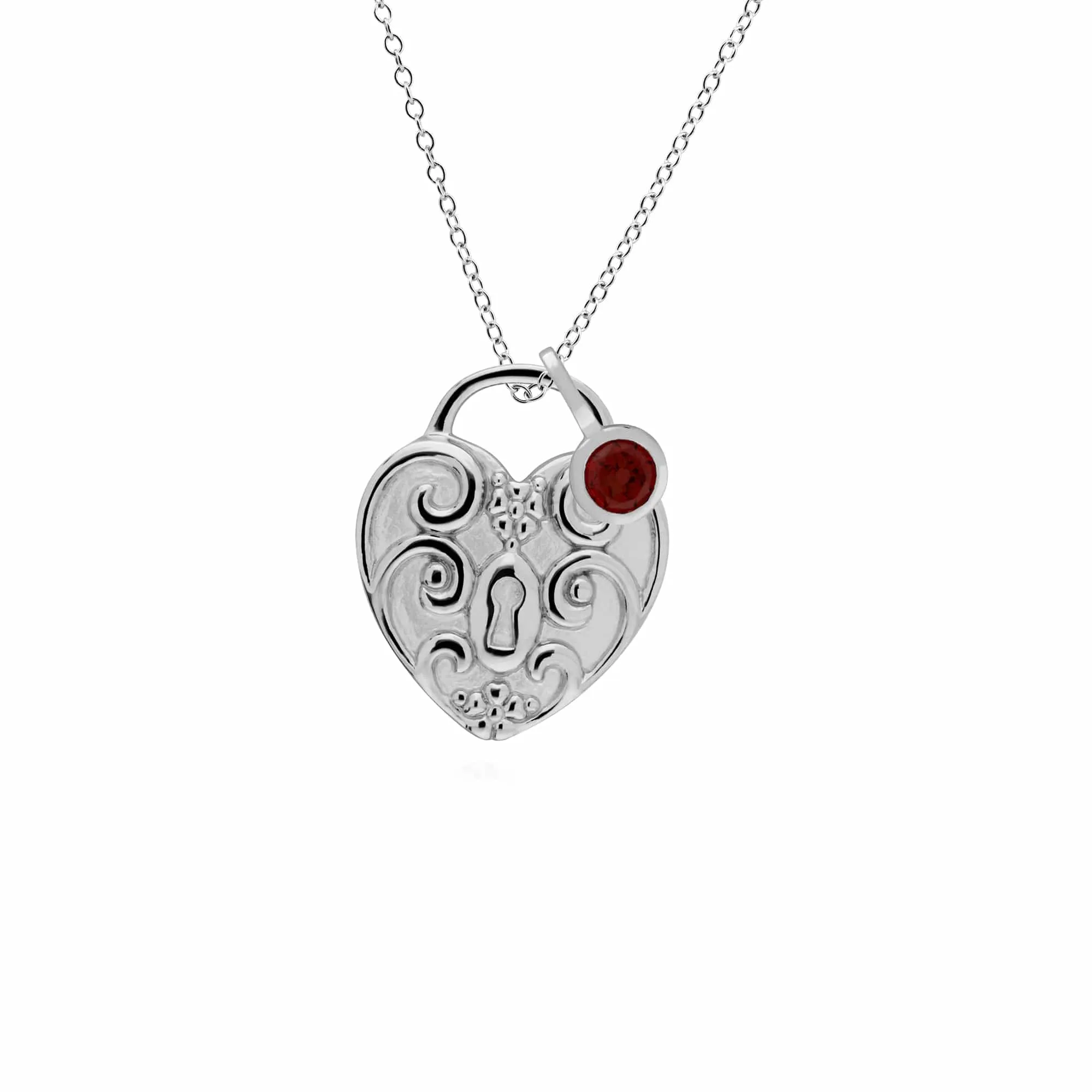 Classic Swirl Heart Lock Pendant & Garnet Charm in 925 Sterling Silver sold by Gemondo Jewellery
