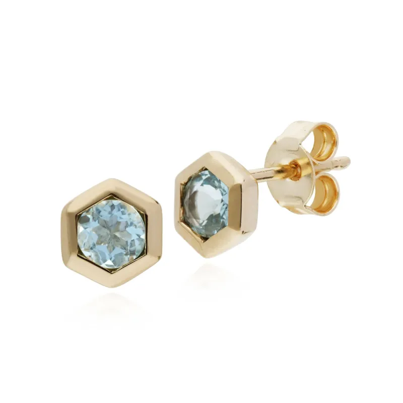 Geometric Hexagon 9ct Yellow Gold Aquamarine Stud Earrings sold by Gemondo Jewellery