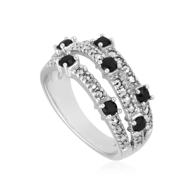 Kosmos Black Sapphire and Marcasite Ring in Sterling Silver sold by Gemondo Jewellery