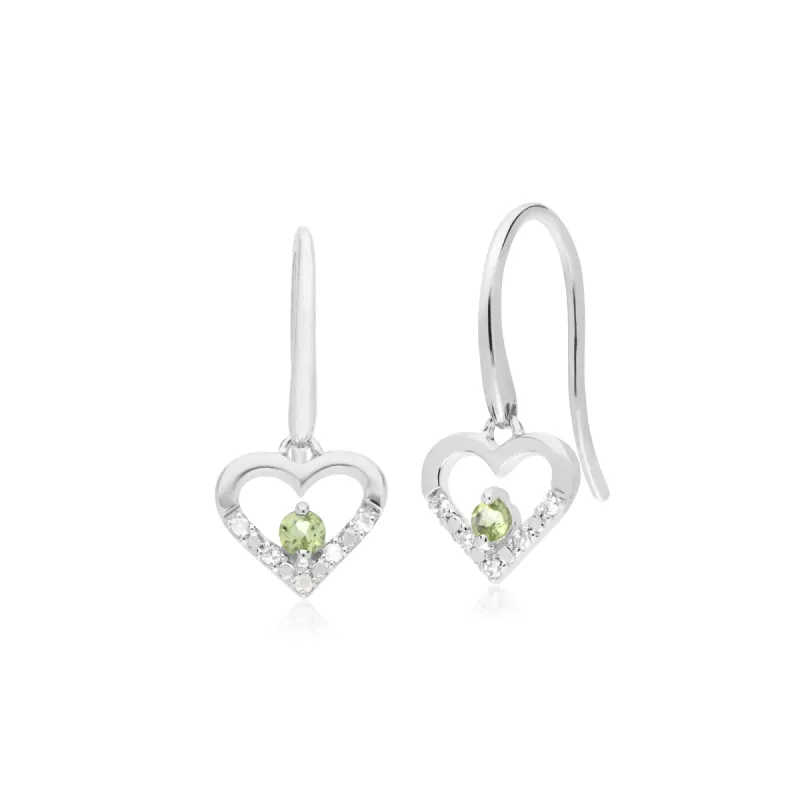 Classic Round Peridot & Diamond Love Heart Shaped Drop Earrings in 9ct White Gold sold by Gemondo Jewellery