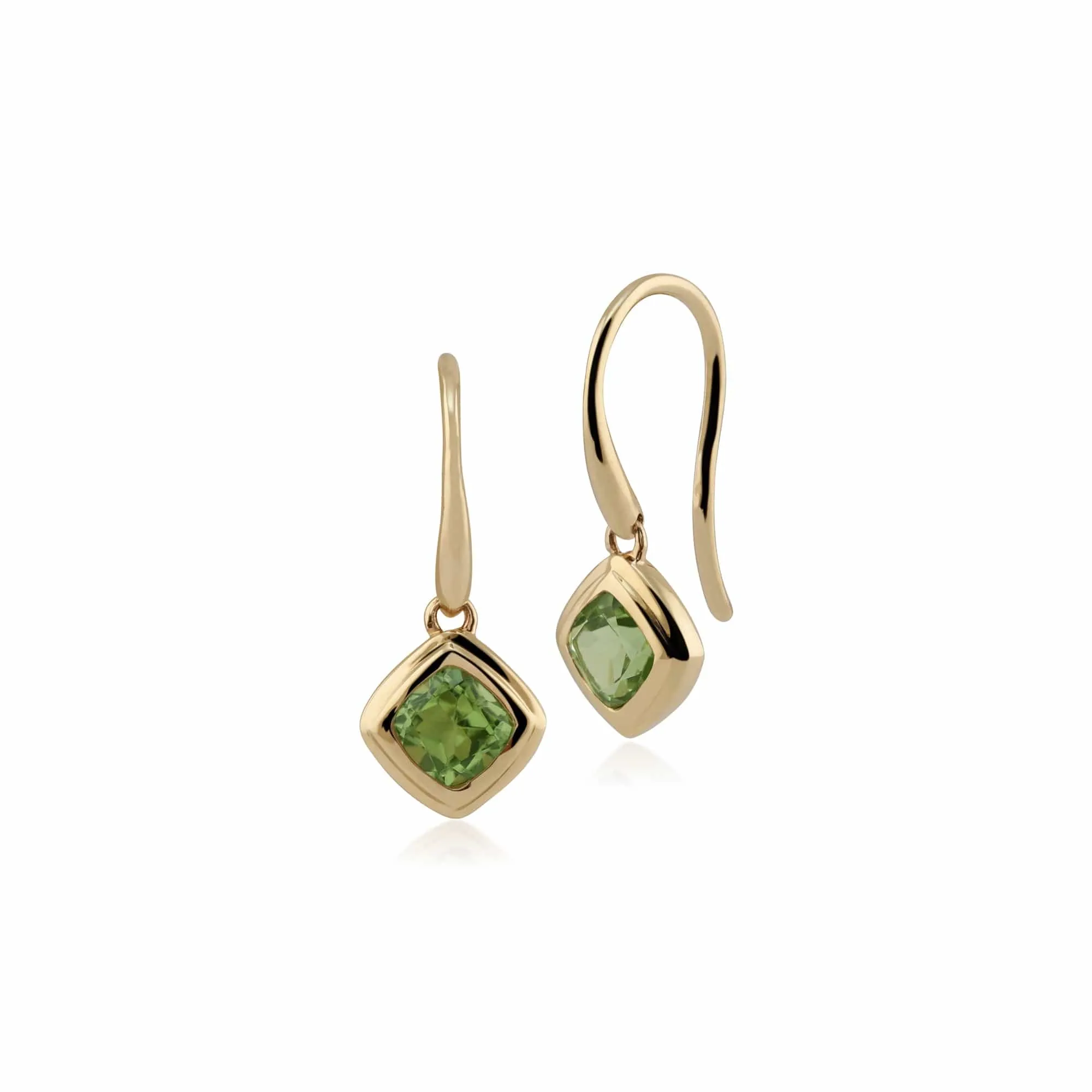 Classic Cushion Peridot Bezel Set Drop Earrings in 9ct Yellow Gold sold by Gemondo Jewellery