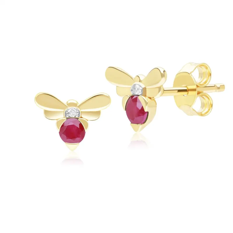 Honeycomb Inspired Ruby and Diamond Bee Stud Earrings in 9ct Yellow Gold sold by Gemondo Jewellery