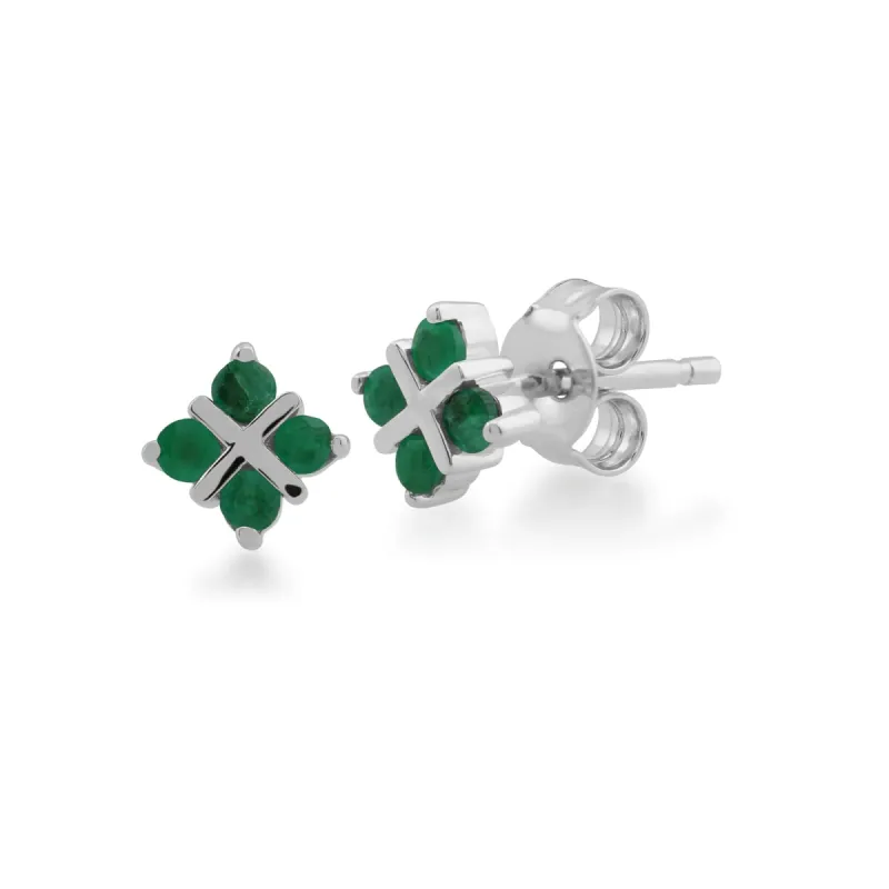 Floral Round Emerald Clover Kiss Stud Earrings in 9ct White Gold sold by Gemondo Jewellery