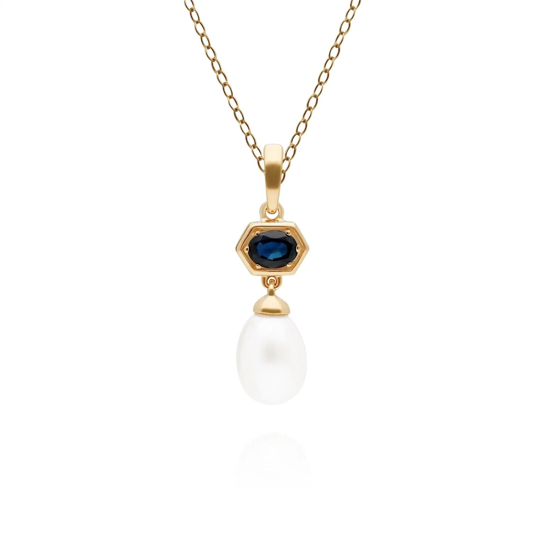 Modern Pearl & Sapphire Hexagon Drop Pendant in Gold Plated Silver sold by Gemondo Jewellery