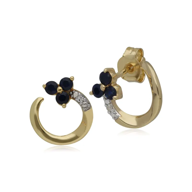 Classic Floral Sapphire & Diamond Swirl Stud Earrings in 9ct Yellow Gold sold by Gemondo Jewellery
