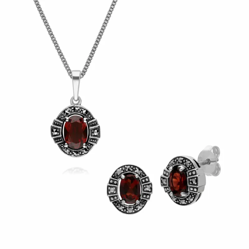 Art Deco Style Oval Garnet and Marcasite Cluster Stud Earrings & Pendant Set in 925 Sterling Silver sold by Gemondo Jewellery