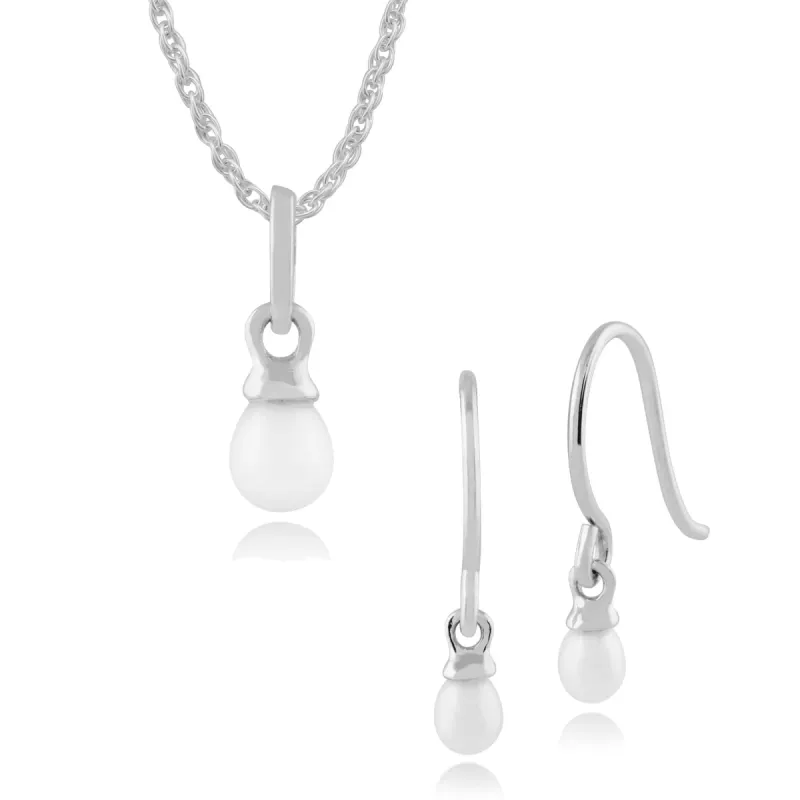 Classic Round Small Chinese Freshwater Pearl Drop Earrings & Pendant Set in 9ct White Gold sold by Gemondo Jewellery