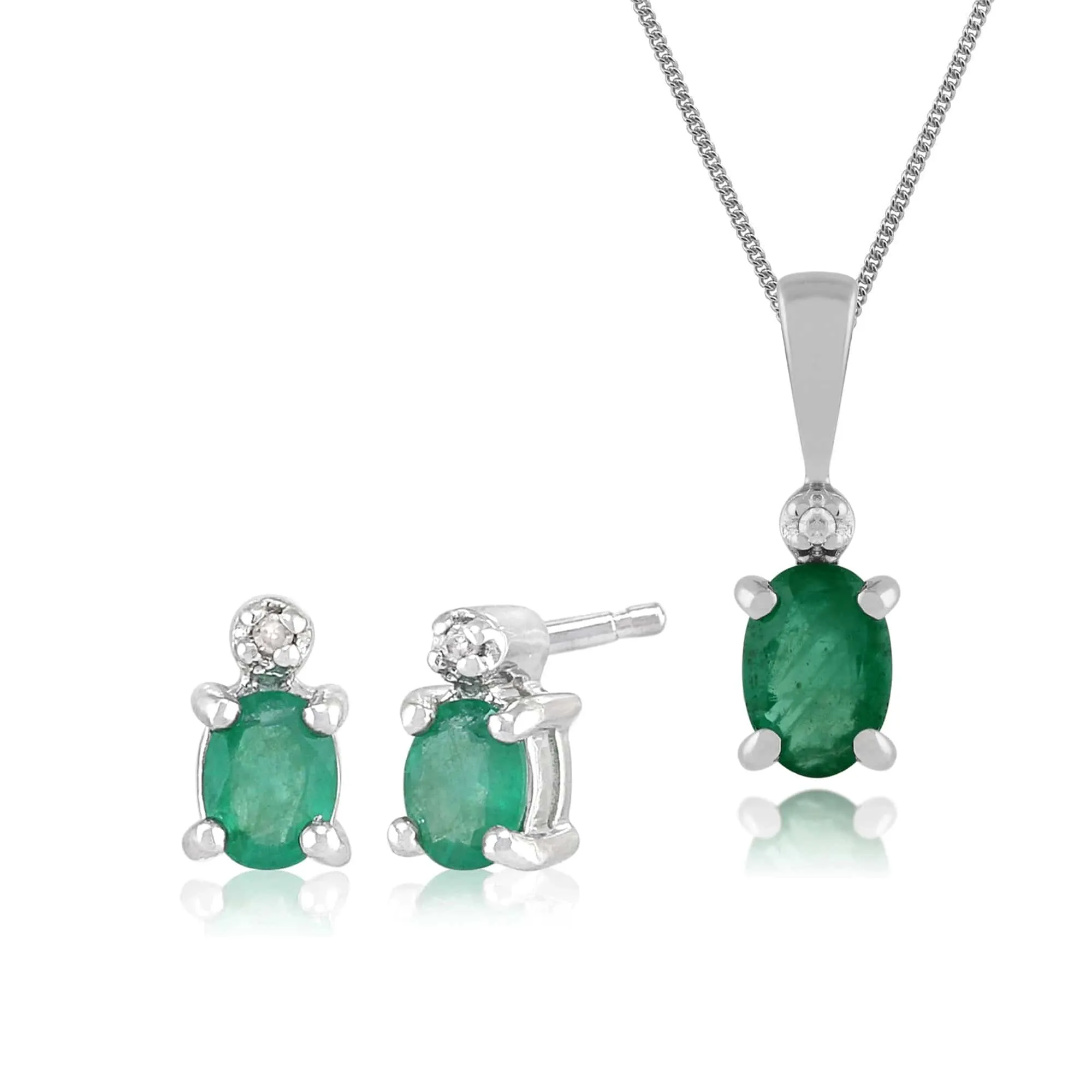 Classic Oval Emerald & Diamond Stud Earrings & Pendant in 9ct White Gold sold by Gemondo Jewellery