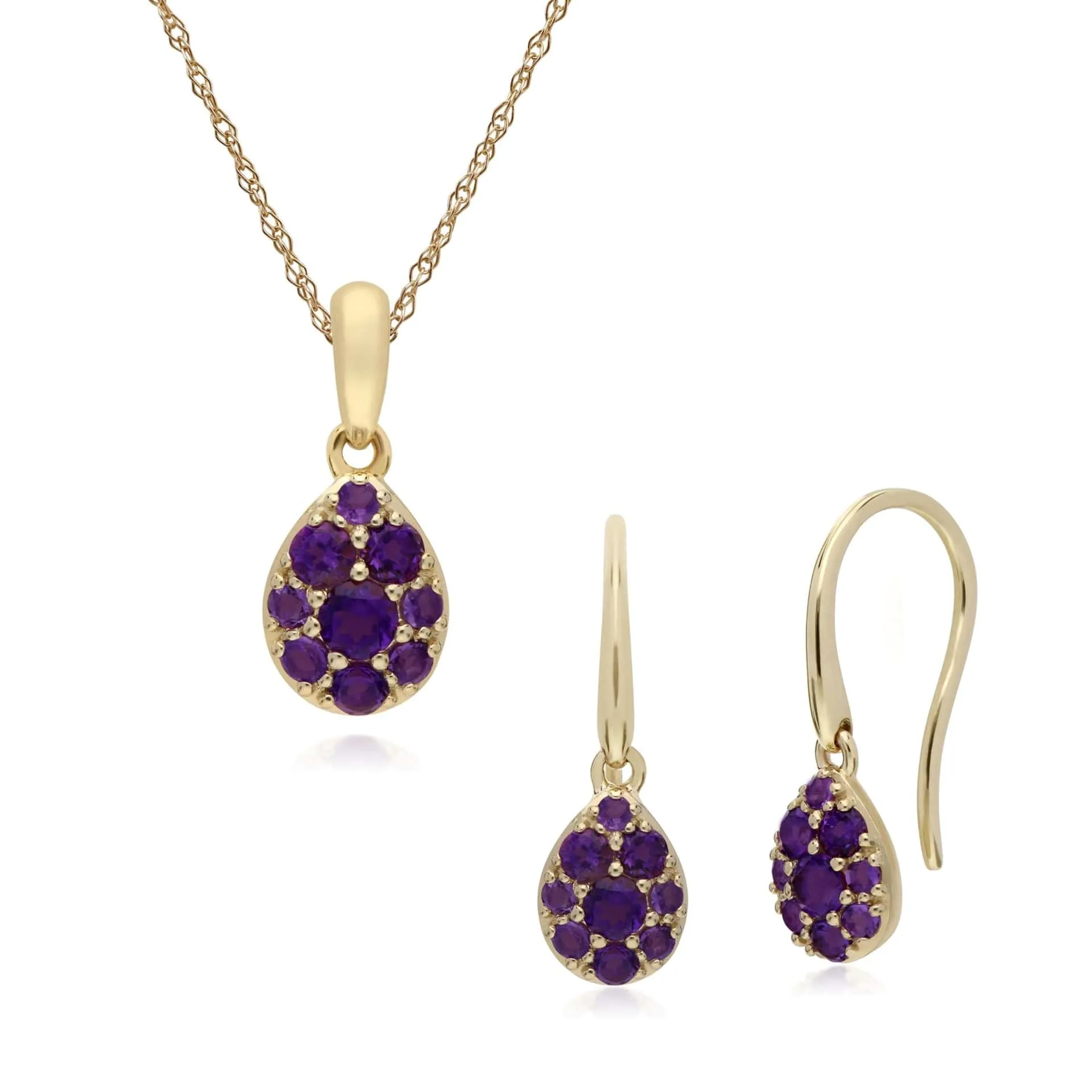 Classic Round Amethyst Pear Cluster Drop Earrings & Pendant Set in 9ct Yellow Gold sold by Gemondo Jewellery