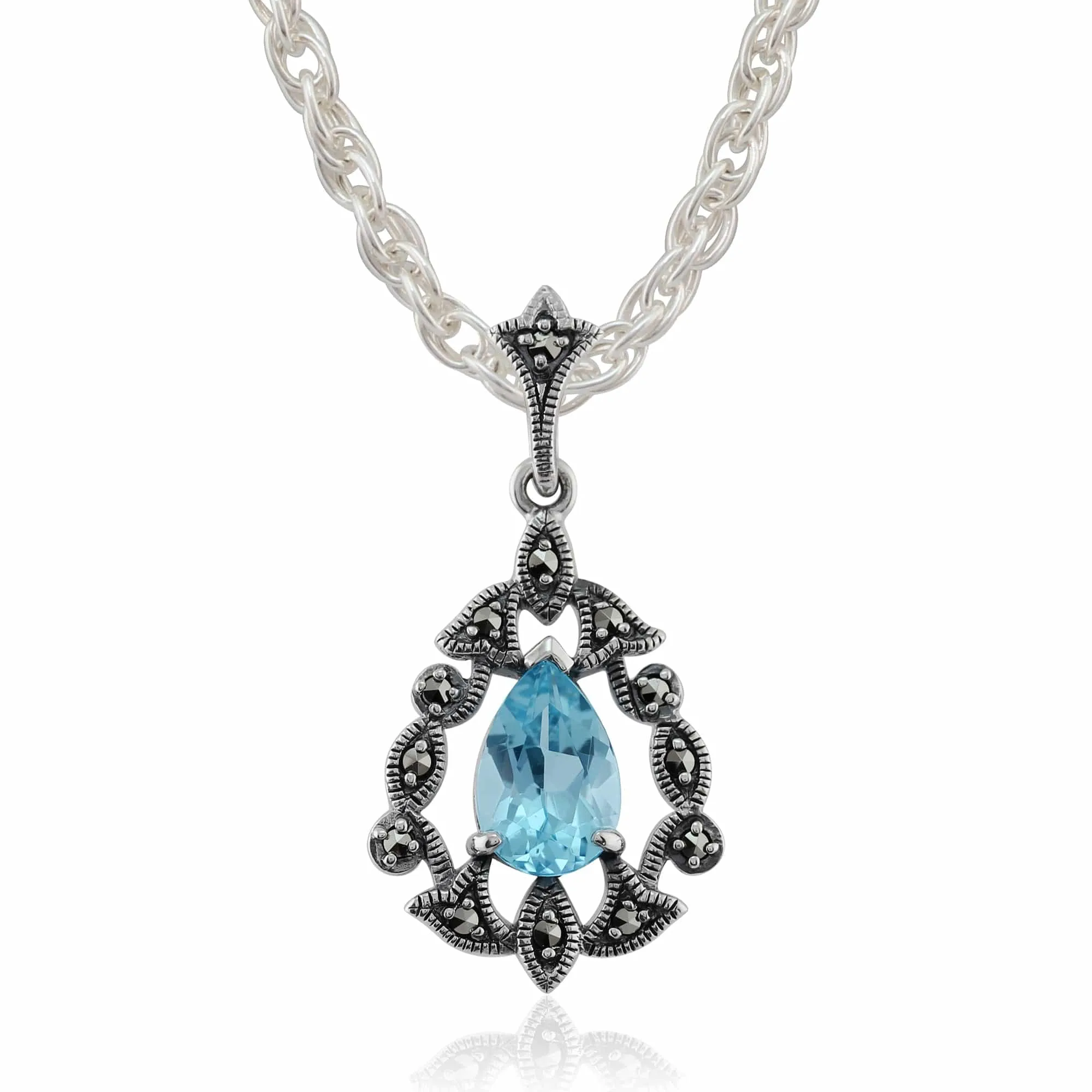Art Nouveau Style Style Pear Blue Topaz & Marcasite Garland Drop Earrings & Pendant Set in 925 Sterling Silver sold by Gemondo Jewellery product image thumbnail 3