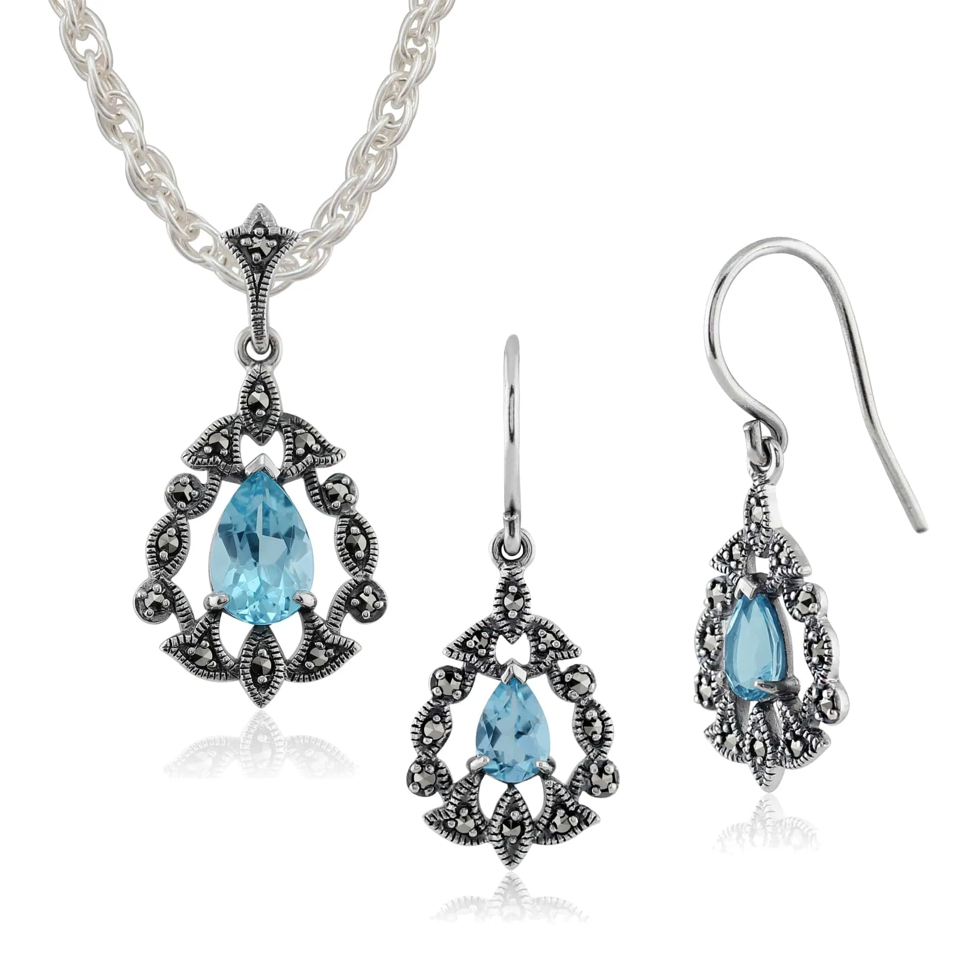 Art Nouveau Style Style Pear Blue Topaz & Marcasite Garland Drop Earrings & Pendant Set in 925 Sterling Silver sold by Gemondo Jewellery