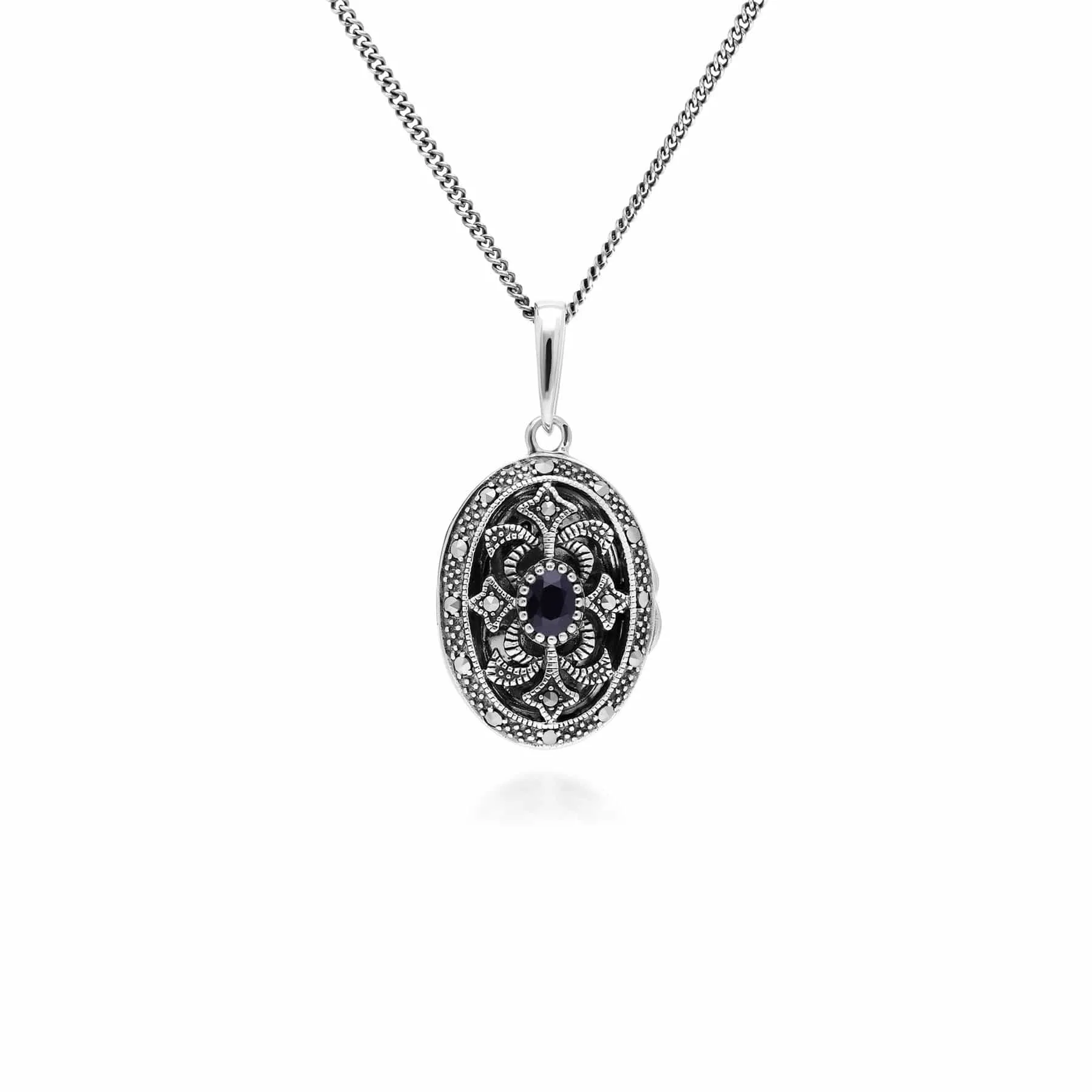 Art Nouveau Style Oval Sapphire & Marcasite Locket Necklace in 925 Sterling Silver sold by Gemondo Jewellery