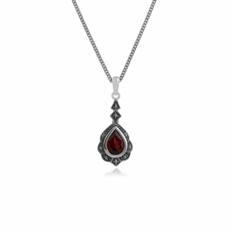 Art Nouveau Style Pear Garnet & Marcasite Leaf Pendant in 925 Sterling Silver sold by Gemondo Jewellery
