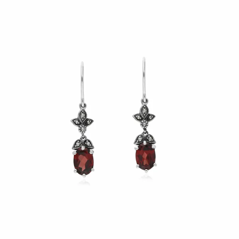 Art Nouveau Style Oval Garnet & Marcasite Drop Earrings in 925 Sterling Silver sold by Gemondo Jewellery