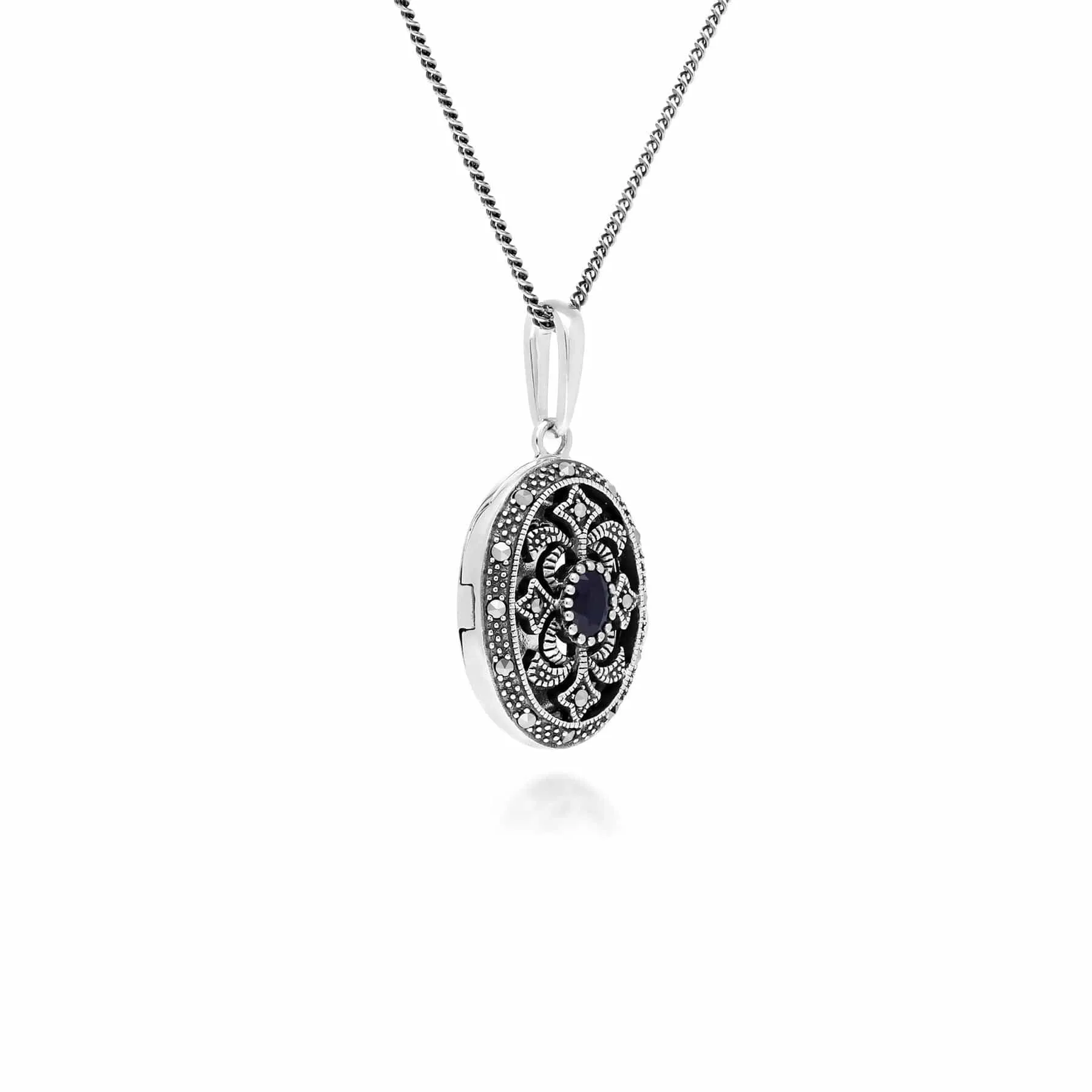 Art Nouveau Style Oval Sapphire & Marcasite Locket Necklace in 925 Sterling Silver sold by Gemondo Jewellery product image thumbnail 2