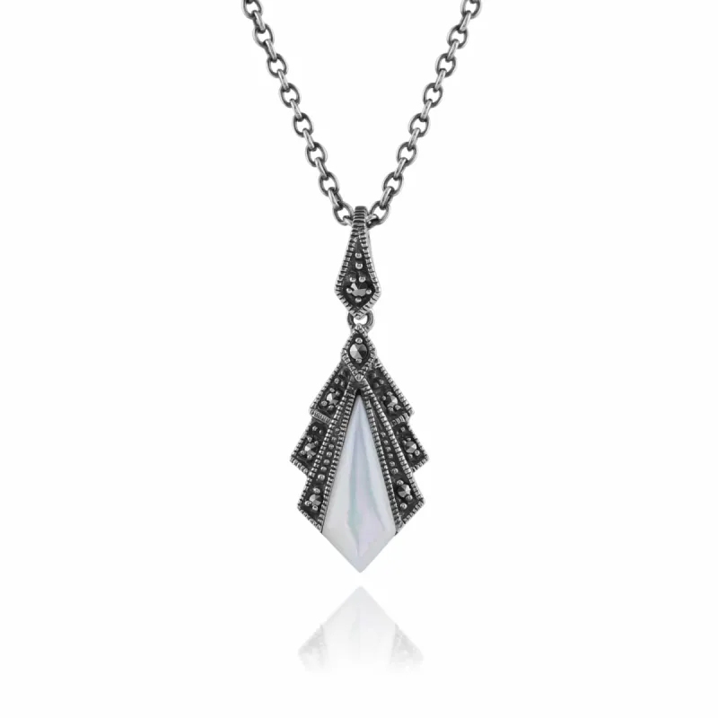 Art Deco Style Mother of Pearl & Marcasite Pendant in 925 Sterling Silver sold by Gemondo Jewellery