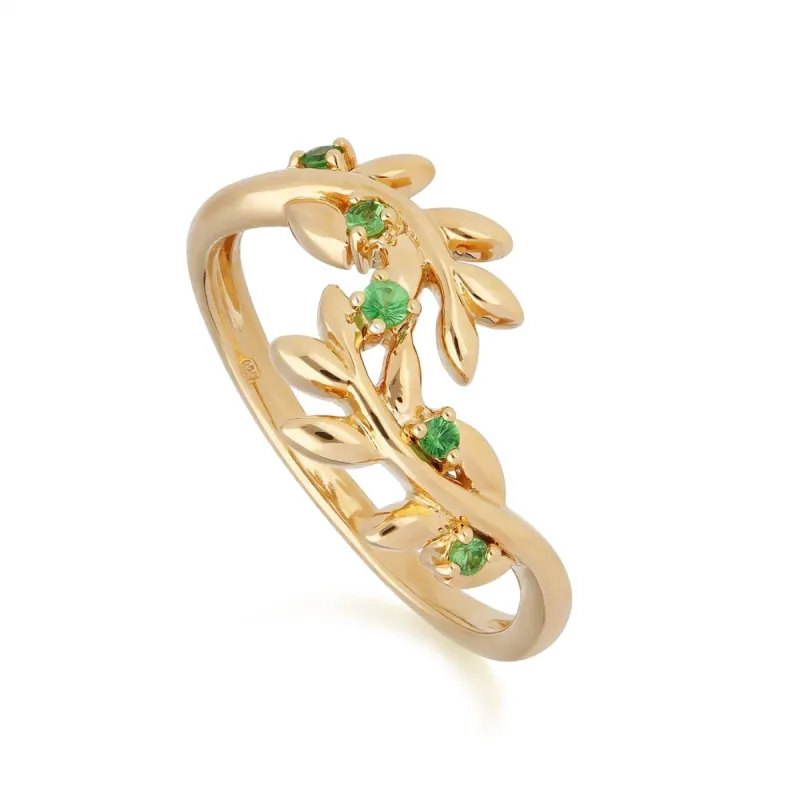O Leaf Tsavorite Olive Branch Ring in Gold Plated Sterling Silver sold by Gemondo Jewellery