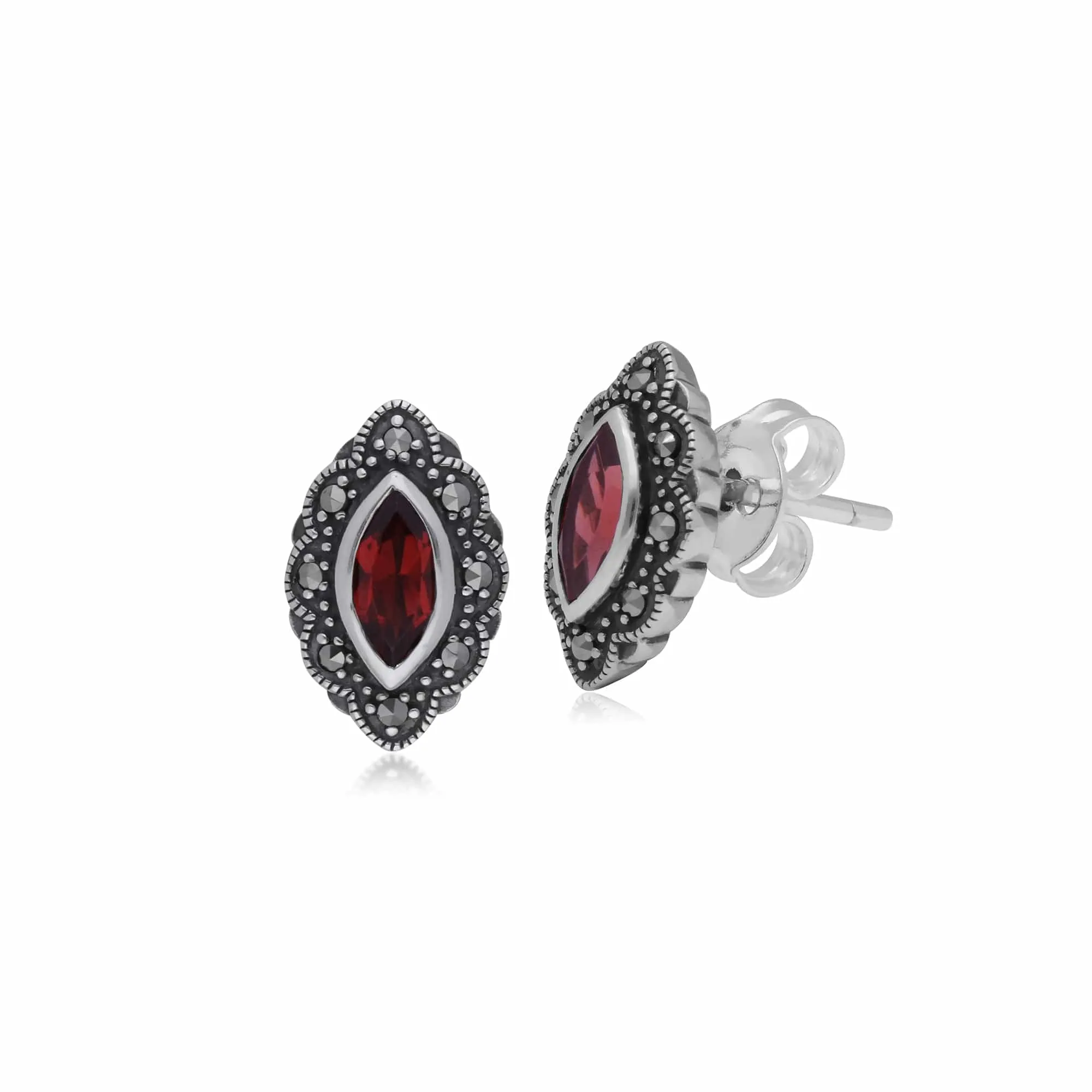 Art Nouveau Marquise Garnet & Marcasite Stud Earrings in 925 Sterling Silver sold by Gemondo Jewellery