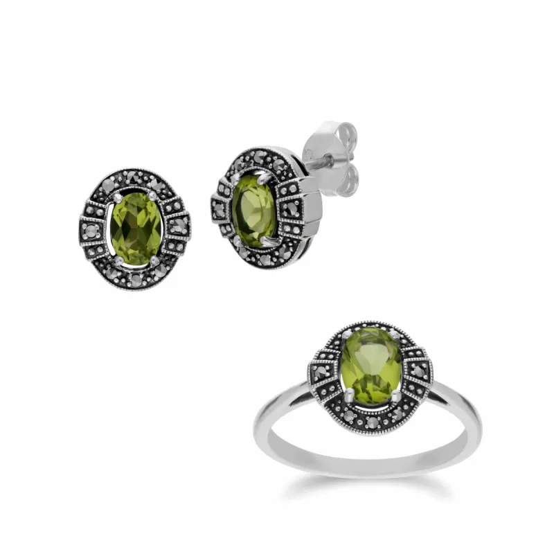 Art Deco Style Oval Peridot and Marcasite Cluster Stud Earrings & Ring Set sold by Gemondo Jewellery