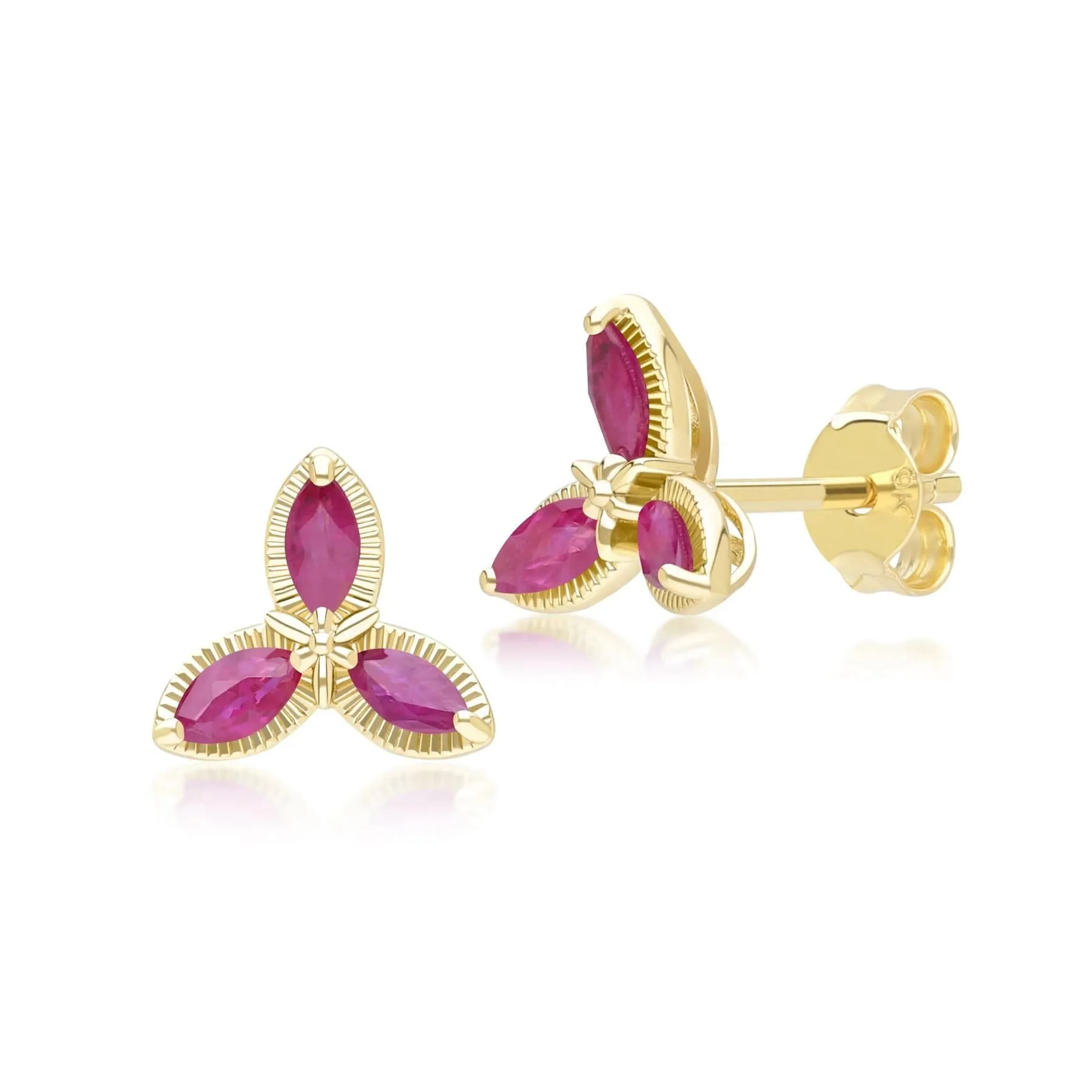 Floral Marquise Ruby Stud Earrings in 9ct Yellow Gold sold by Gemondo Jewellery