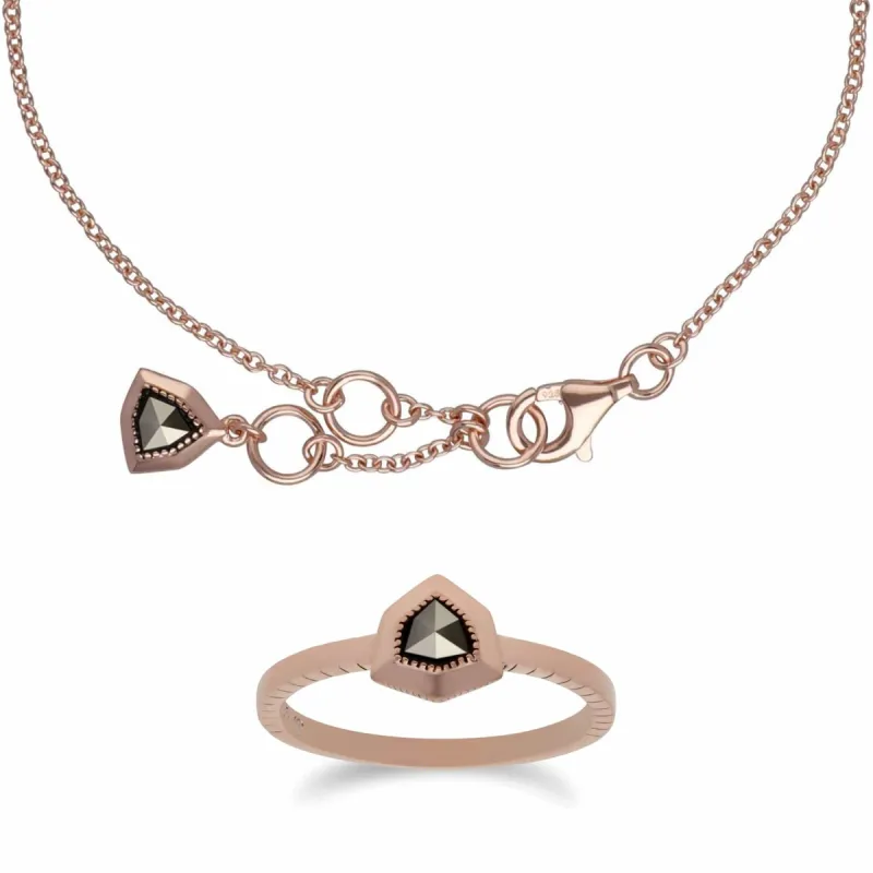 Rose Gold Plated Silver Marcasite Shield Design Bracelet & Ring Set sold by Gemondo Jewellery