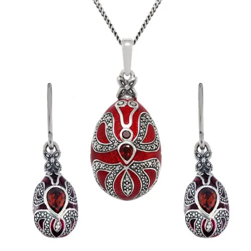 Art Nouveau Style Pear Garnet Egg Drop Earrings & Pendant Set in 925 Sterling Silver sold by Gemondo Jewellery
