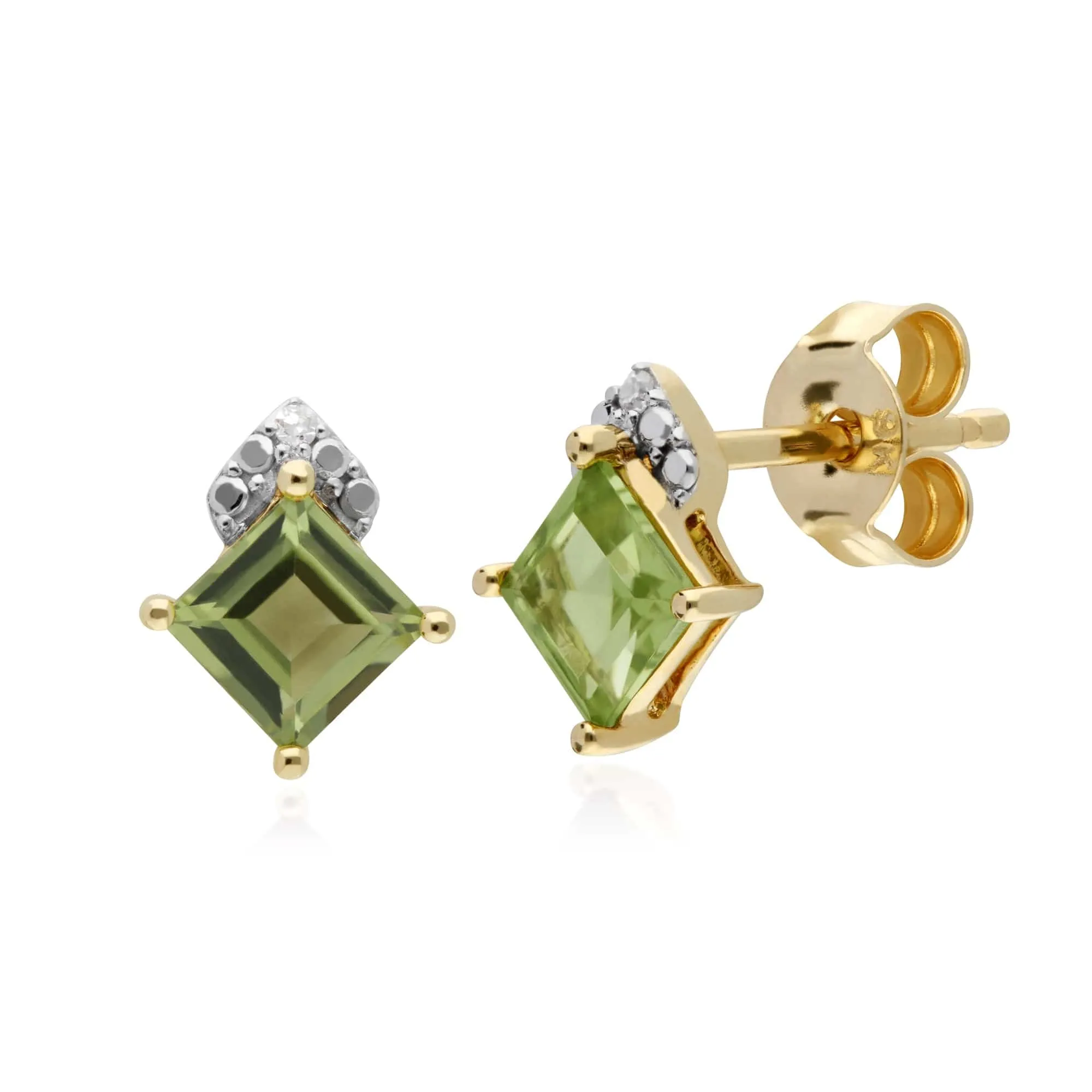 Gemondo 9ct Yellow Gold Peridot & Diamond Square Stud Earrings sold by Gemondo Jewellery