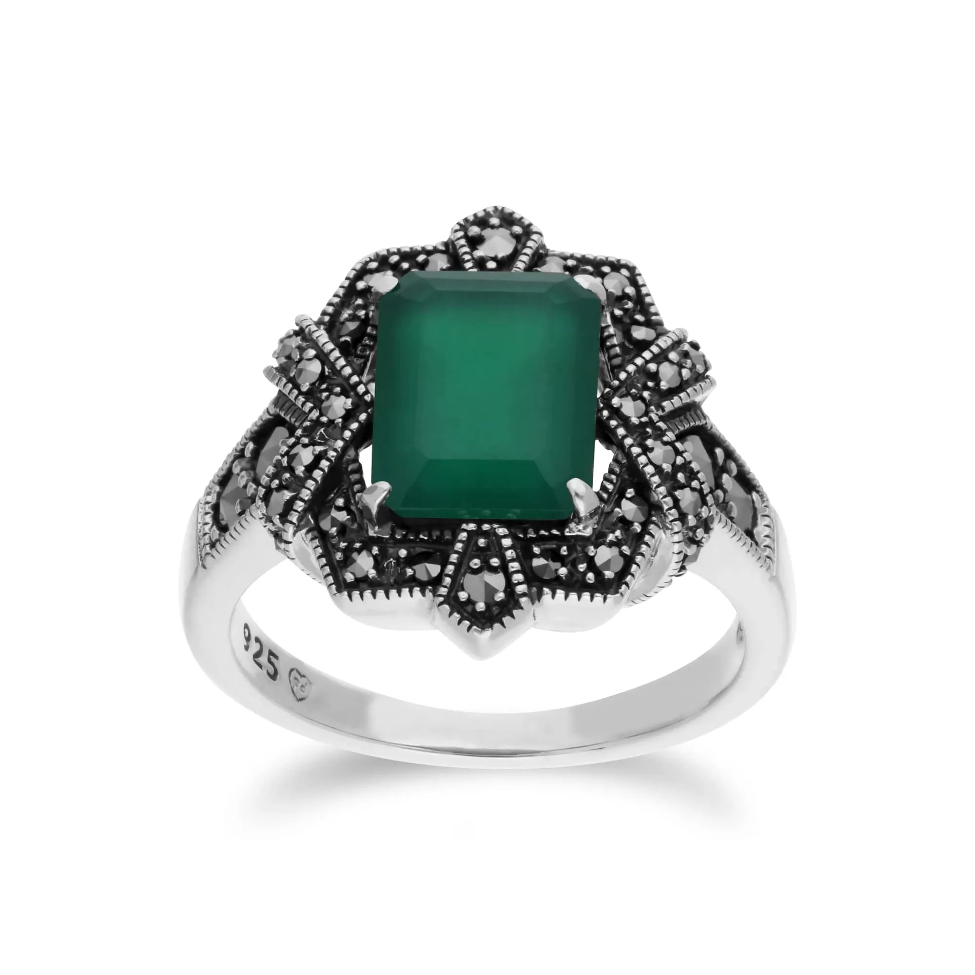 Art Deco Style Baguette Green Chalcedony & Marcasite Ring in 925 Sterling Silver sold by Gemondo Jewellery