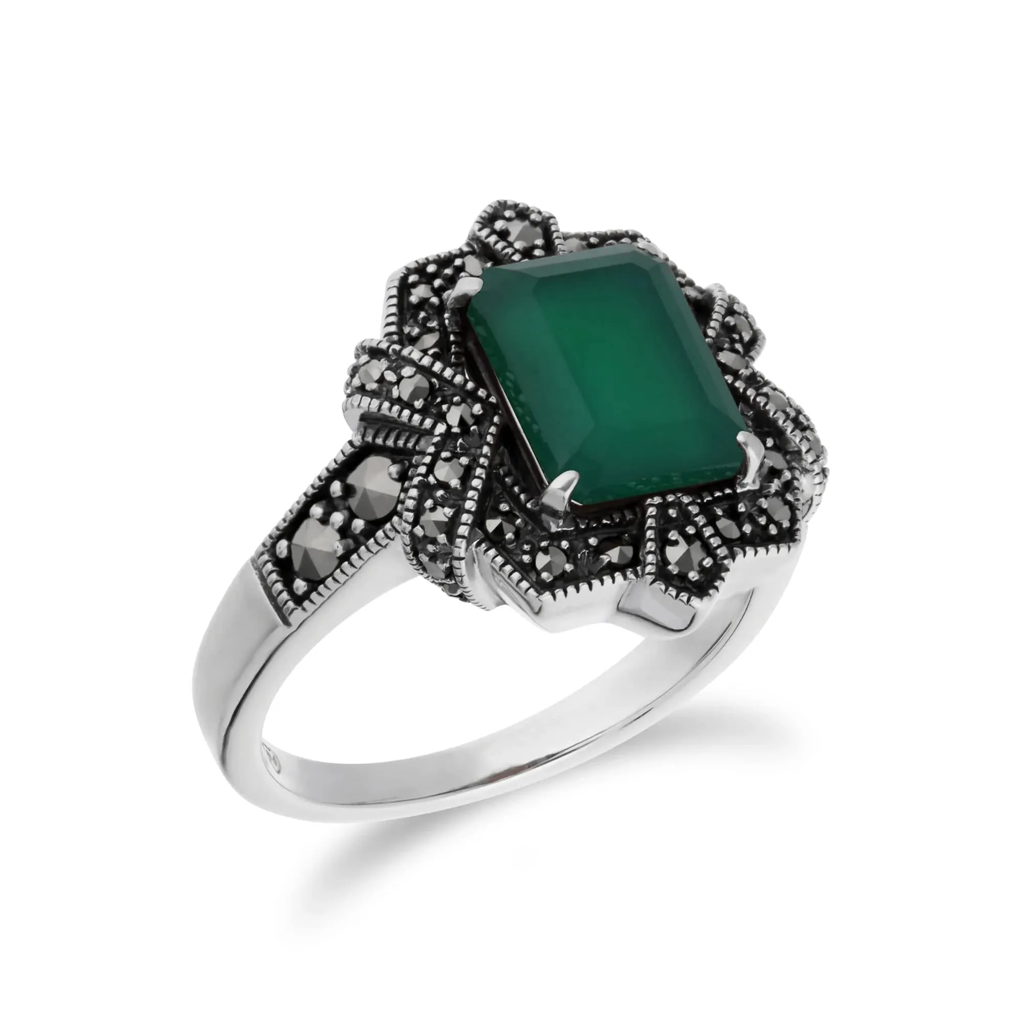 Art Deco Style Baguette Green Chalcedony & Marcasite Ring in 925 Sterling Silver sold by Gemondo Jewellery product image thumbnail 4