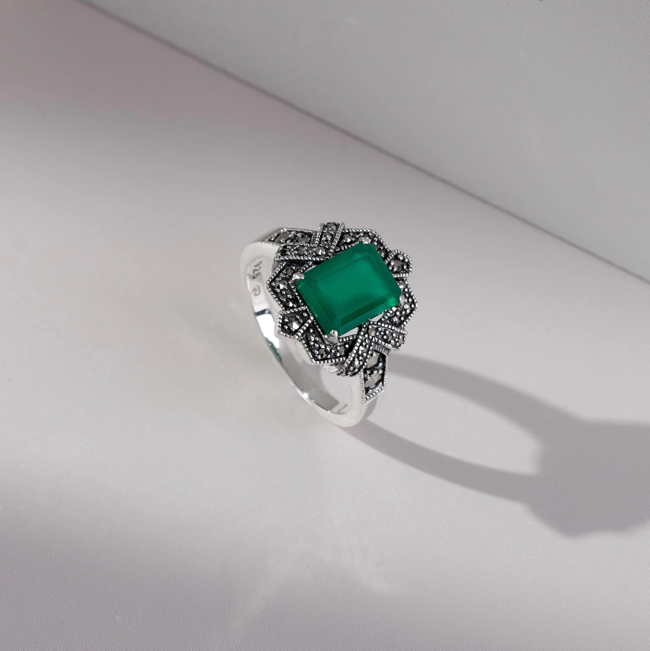 Art Deco Style Baguette Green Chalcedony & Marcasite Ring in 925 Sterling Silver sold by Gemondo Jewellery product image thumbnail 2