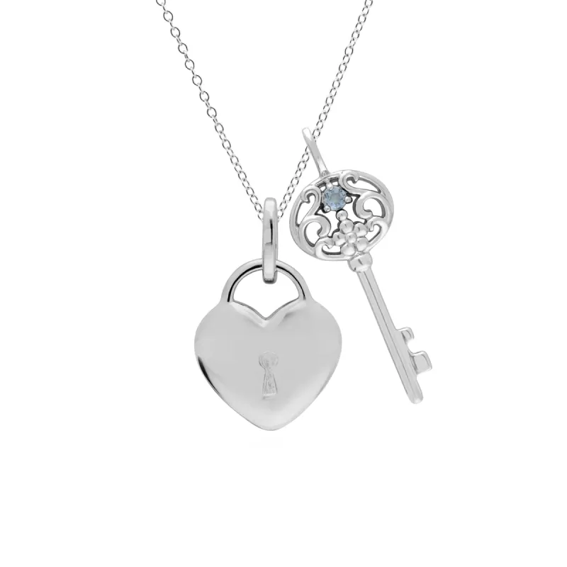 Classic Heart Lock Pendant & Aquamarine Big Key Charm in 925 Sterling Silver sold by Gemondo Jewellery