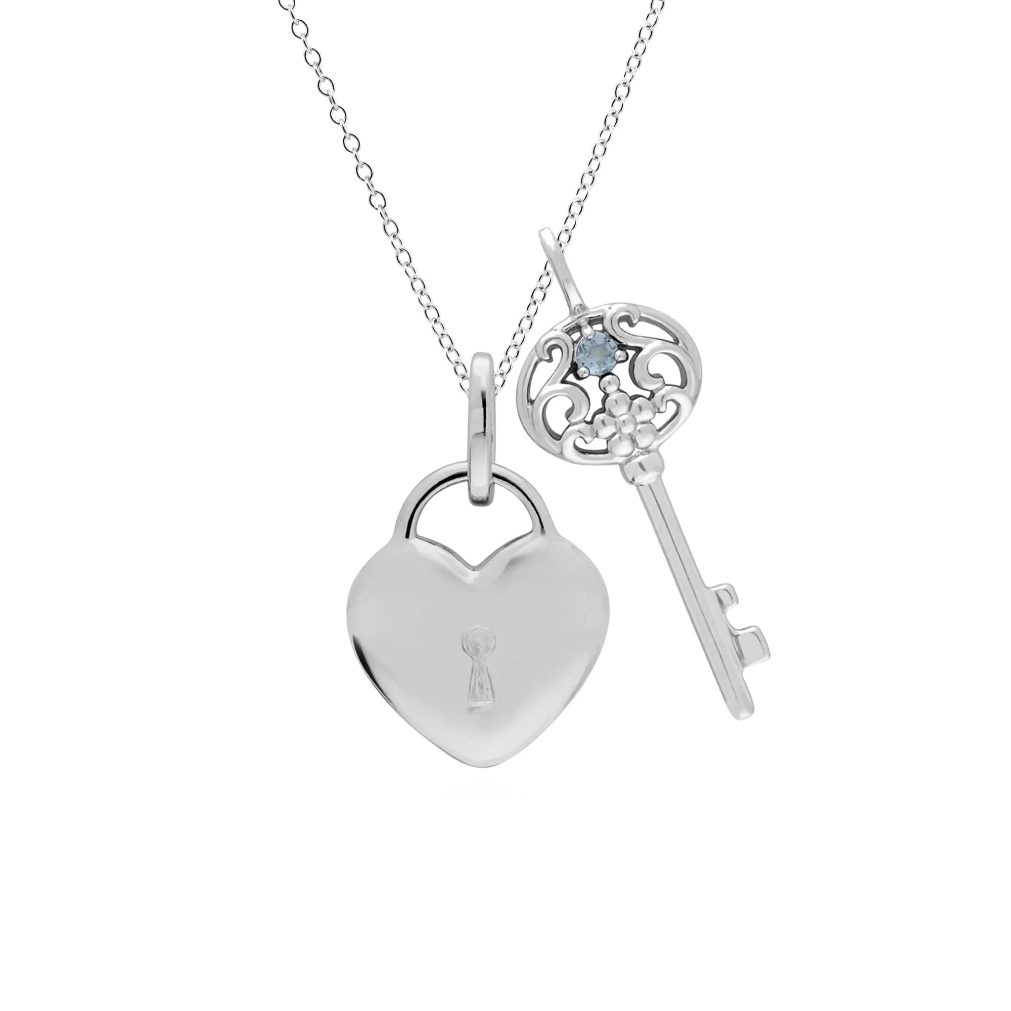 Classic Heart Lock Pendant & Aquamarine Big Key Charm in 925 Sterling Silver sold by Gemondo Jewellery