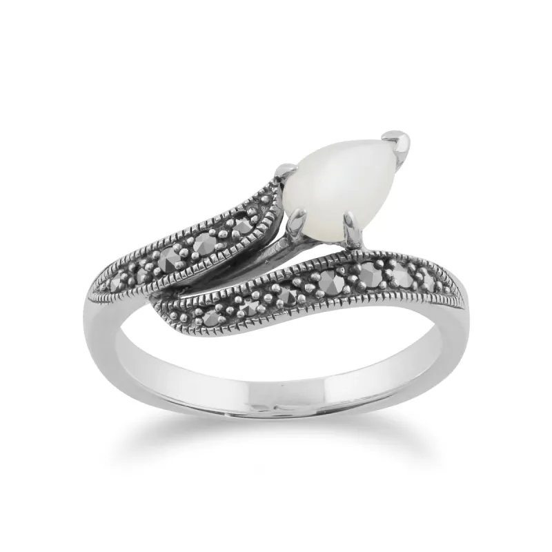 Art Nouveau Style Pear Mother of Pearl & Marcasite Twist Ring in 925 Sterling Silver sold by Gemondo Jewellery