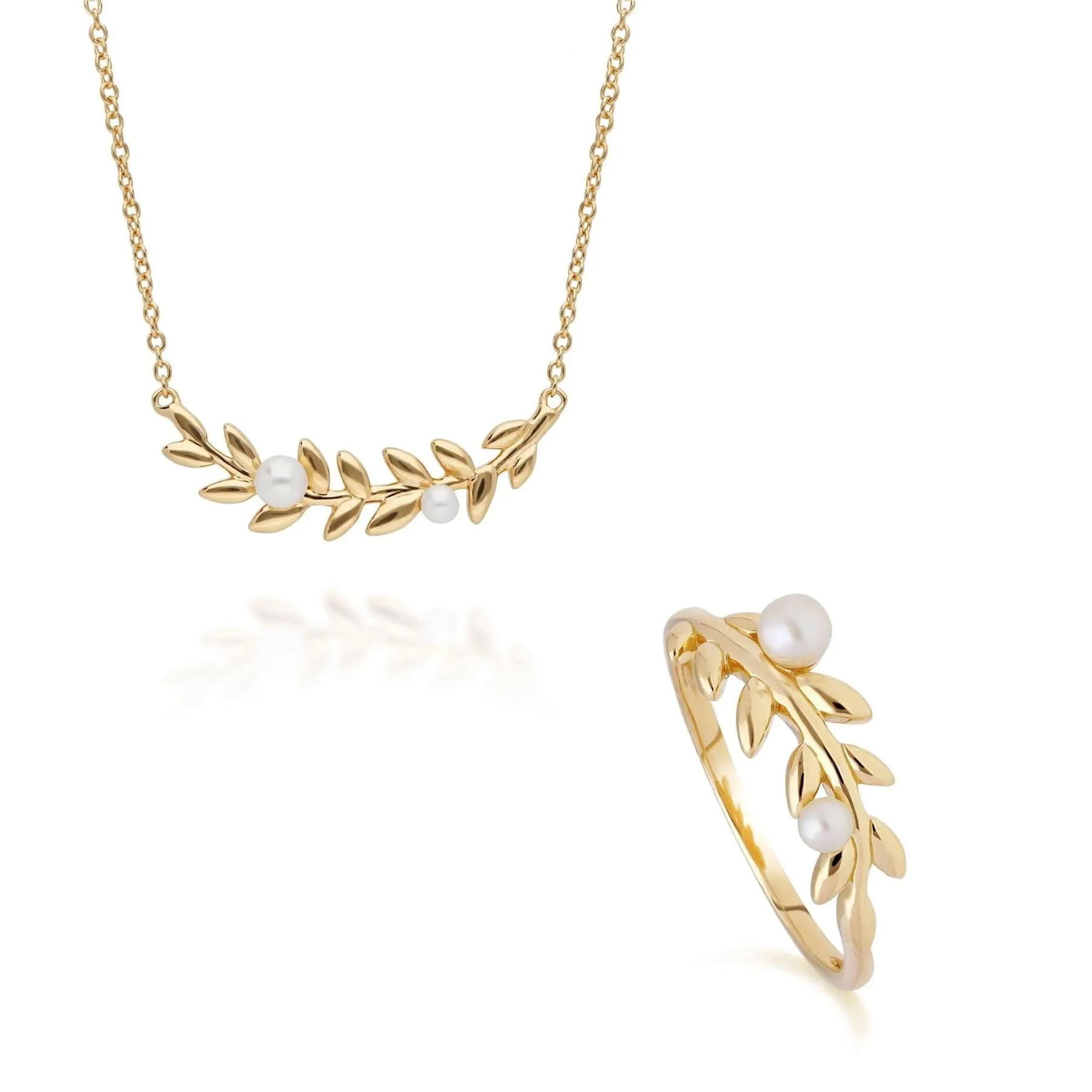 O Leaf Pearl Necklace & Ring Set in Gold Plated 925 Sterling Silver sold by Gemondo Jewellery
