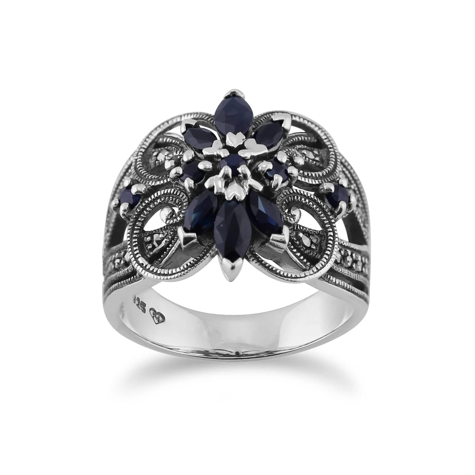 Art Nouveau Style Marquise Sapphire & Marcasite Floral Cocktail Ring in 925 Sterling Silver sold by Gemondo Jewellery