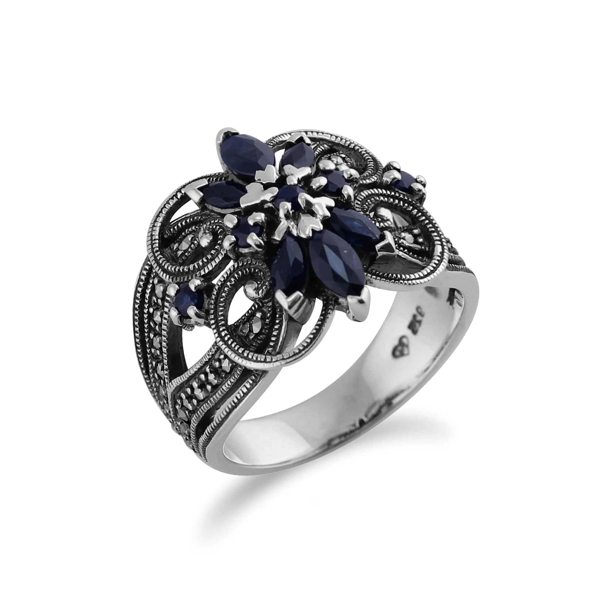 Art Nouveau Style Marquise Sapphire & Marcasite Floral Cocktail Ring in 925 Sterling Silver sold by Gemondo Jewellery product image thumbnail 2