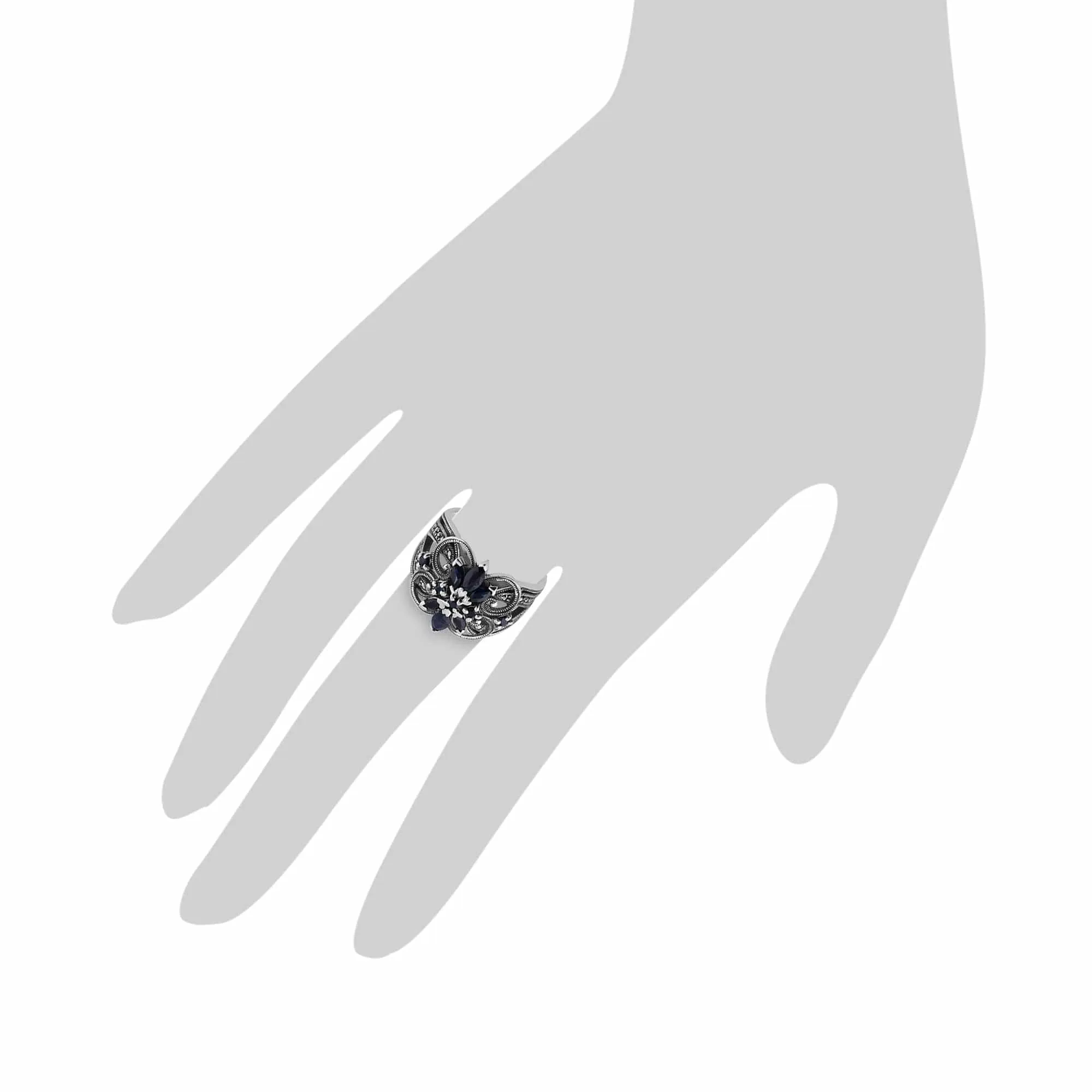 Art Nouveau Style Marquise Sapphire & Marcasite Floral Cocktail Ring in 925 Sterling Silver sold by Gemondo Jewellery product image thumbnail 3