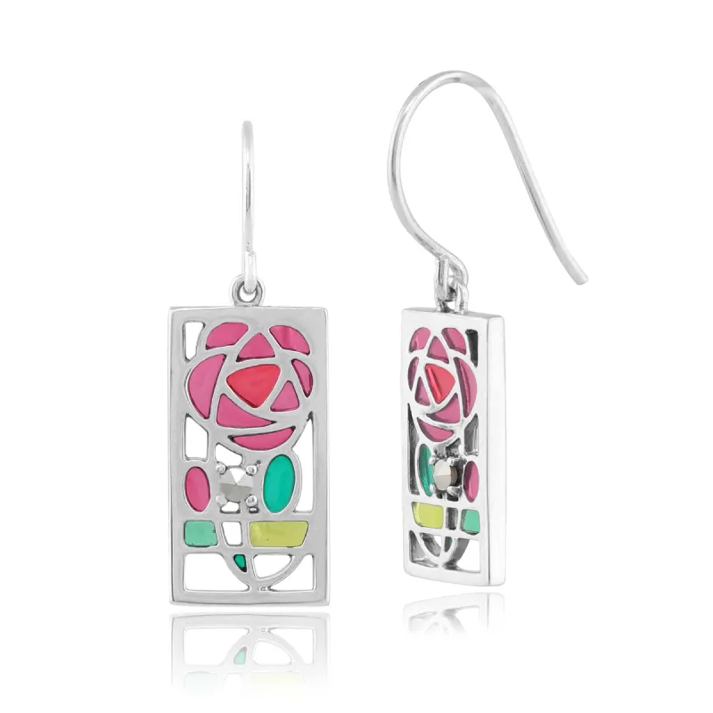 Rennie Mackintosh Round Marcasite & Enamel Rose Drop Earrings in 925 Sterling Silver sold by Gemondo Jewellery
