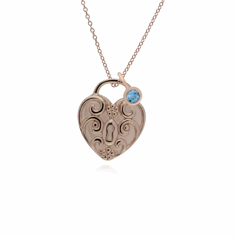 Classic Swirl Heart Lock Pendant & Blue Topaz Charm in Rose Gold Plated 925 Sterling Silver sold by Gemondo Jewellery