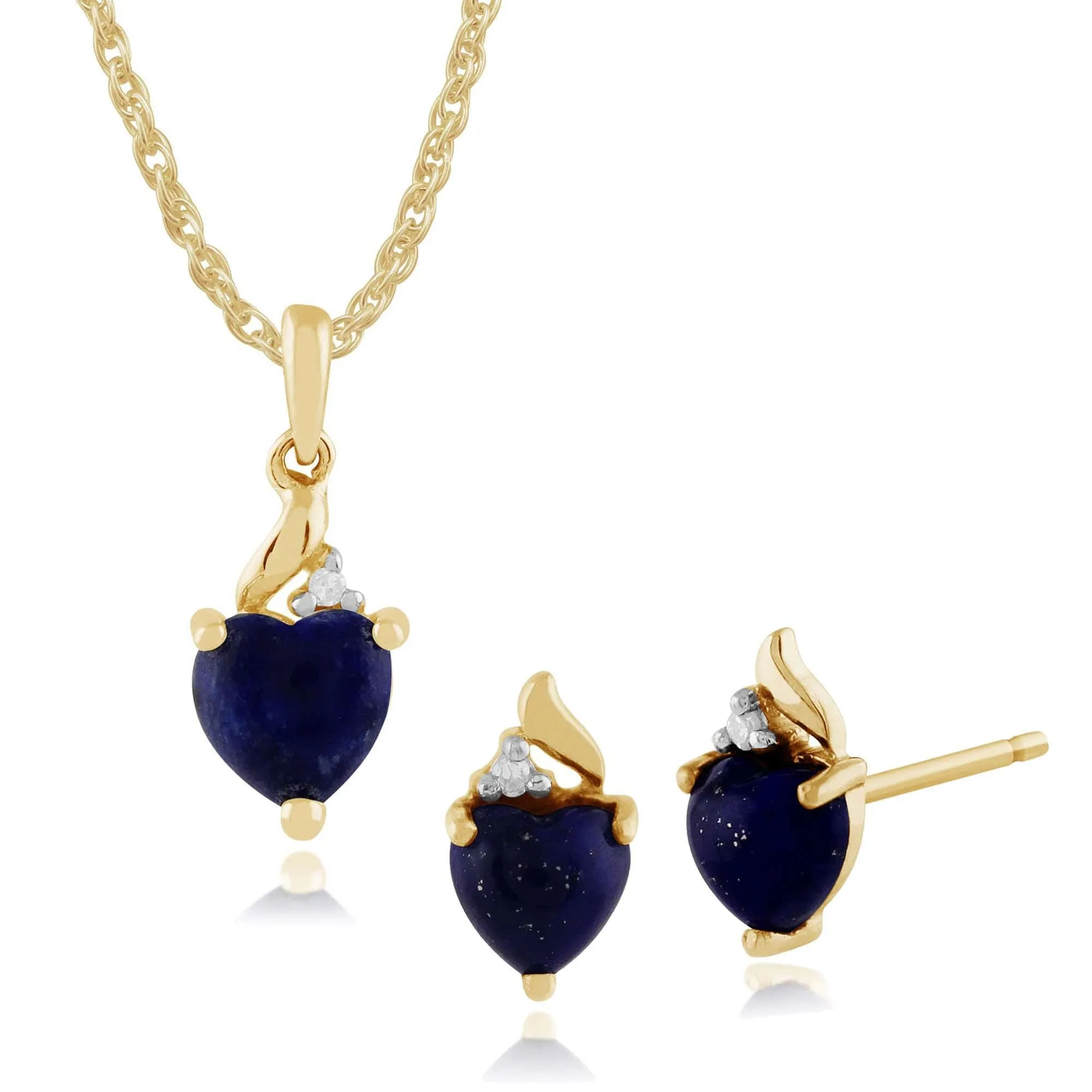 Classic Heart Lapis Lazuli & Diamond Love Heart Stud Earrings & Pendant Set in 9ct Yellow Gold sold by Gemondo Jewellery